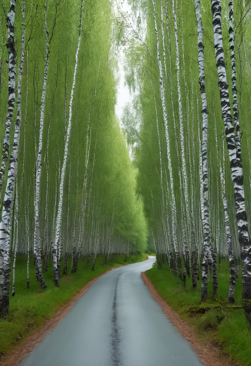 A narrow road in a birch forest, a small lake on the other side of the road, and a memorable scene from my memories.