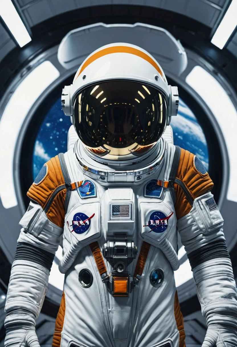Daring astronaut, space suit and helmet, standing in front of futuristic spaceship, adventurous, detailed, high detail, portrait