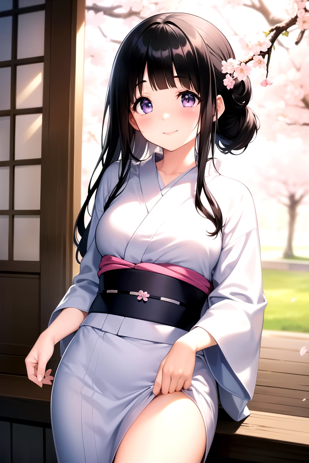 (A superb exquisite Chitanda Eru), (adult face), solo, intricate details, (finely detailed beautiful eyes: 1.2), purple eyes, long black hair, natural straight hair, straight bangs, solo, [Small_breasts: large_breasts: 0.5], normal breasts, extremely delicate, peerless beautiful girl, dreamy quality, exaggerated facial features, solid color, delicate face, bright lips, slender waist, straight curves, super fine, [8K full HD], (masterpiece:1.4), (((blush, timid smile, with cherry blossom, yukata, chignon)))
