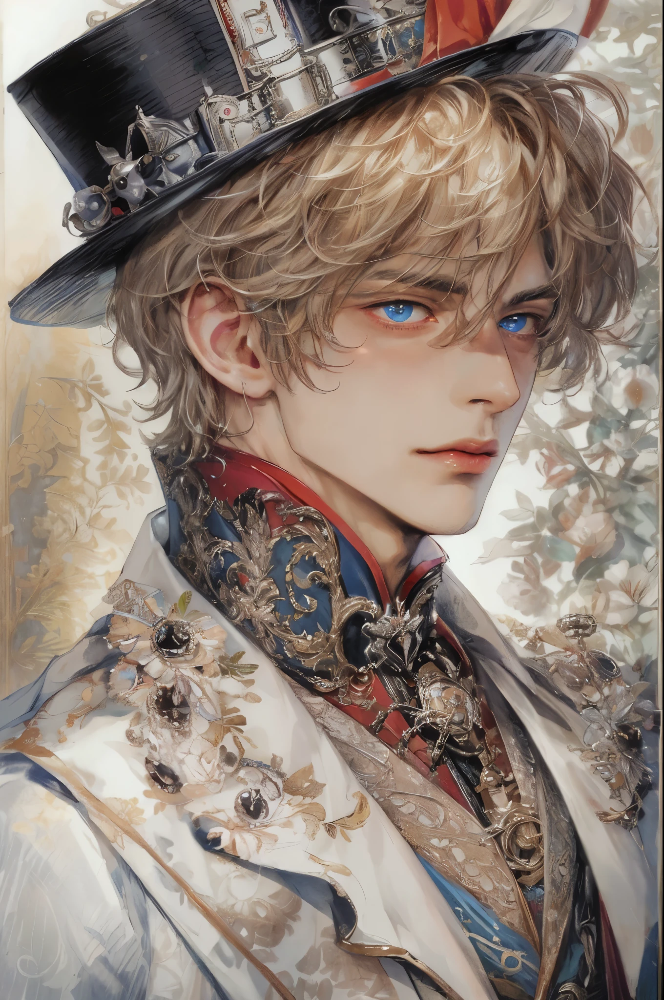 (absurdres, highres, ultra detailed, HDR), masterpiece, intricate, best quality, portrait of a handsome villain from alice in wonderland, the queen of hearts male version , short hair, korean face, anime eyes, Victorian prince outfit detailed interiors victorian style, detailed character