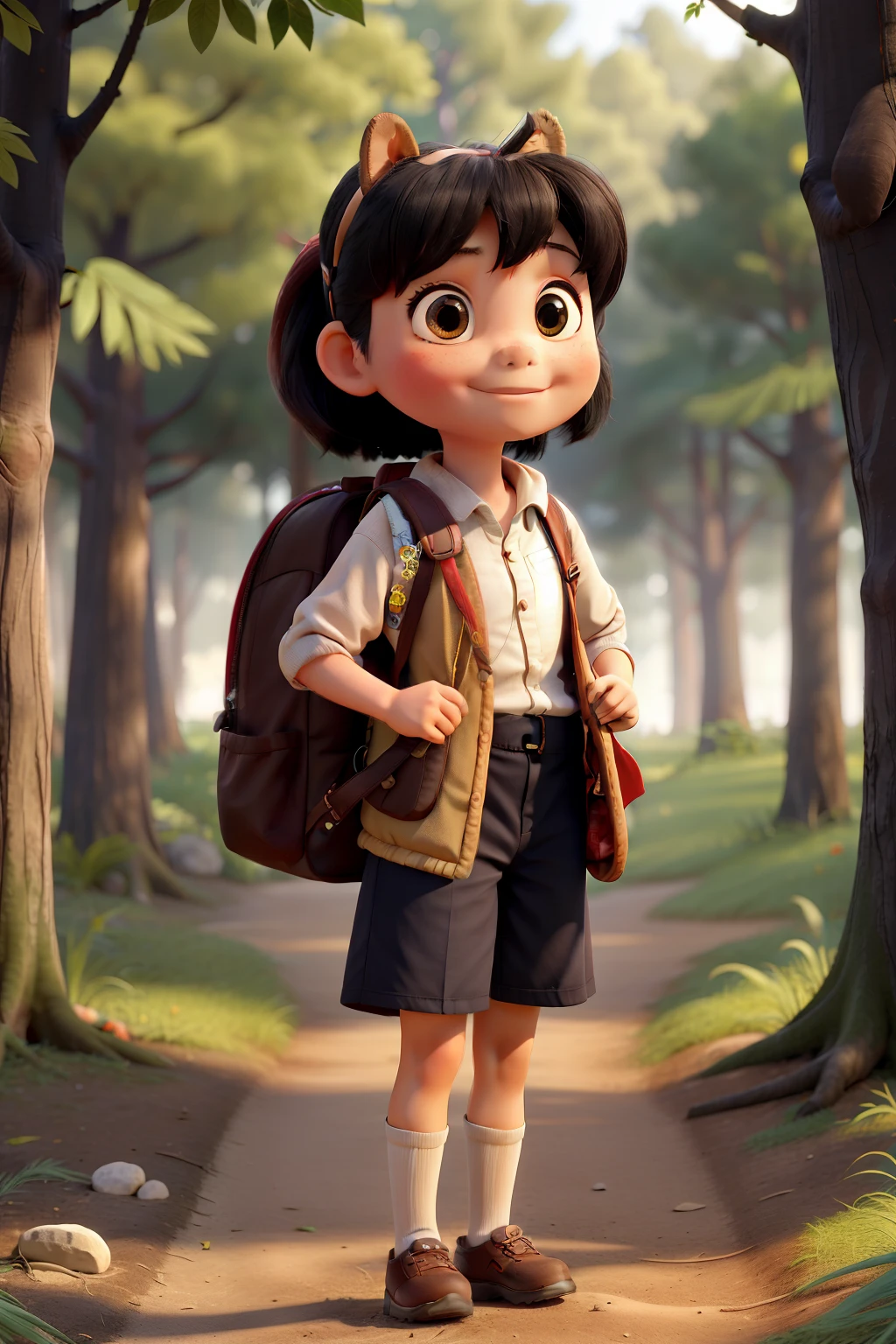 -year Chin girl，dual horsetail，In the early morning forest，Carrying a large backpack，On the backpack stood a small squirrel