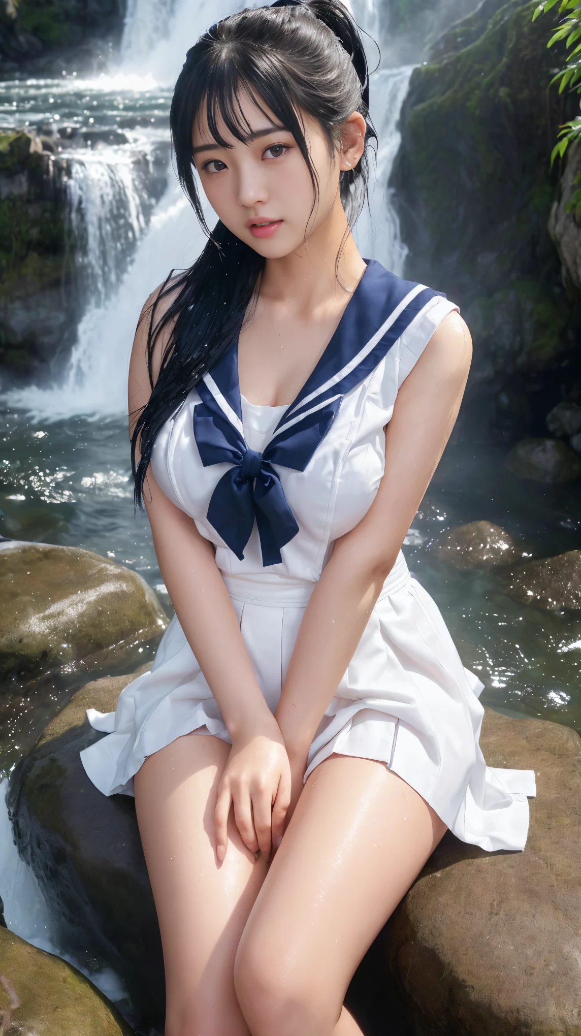 最high quality、high quality、best image quality、8K、最High resolution、High resolution、最high quality、masterpiece、Raw photo、whole body写真、Realistic human body in every detail、Realistic skin in every detail、Realistic face in every detail、Realistic eyes down to the details、Realistic lips in every detail、Realistic teeth in every detail、Realistic ears down to the last detail、Realistic hair down to the last detail、Realistic arms down to the last detail、Realistic reproduction of every detail、Realistic fingers in every detail、(fine hands、thumb1reference4)、Realistic feet in every detail、Realistic breasts down to the last detail、((beautiful Japanese girl))、(Japanese model), (Japanese woman)、((18 year old beautiful girl))、(black hair)、(straight hair)、(ponytail)、((whole body))、((beautiful upturned chest))、(stylish slim style)、(whole body光沢肌、Fair skin)、Detailed and realistic human body、detailed realistic skin、detailed realistic face、detailed realistic arms、detailed realistic fingers、Detailed realistic feet、detailed realistic breasts、sailor suit(Summer use)、sailor suit(Winter use)、sailor skirt、Japanese 、soft natural light、jungle with waterfall、waterfalls of different heights、big waterfall、waterfall with force of water、((Sit on a rock in front of the waterfall(spread your legs wide))、((The pants visible from the lift-up skirt are sexy))、((背景にbig waterfallが見える))、((It gets wet and see-through(クロップトップsailor suit、Sailor Mini Skirt))、((bathe in waterfall water(Soaked skin from head to toe))、((Water dripping from the skin))、((sailor suitが濡れて肌に張り付く))、((sailor suitの上からでも乳首の形がはっきりわかります))、((sailor suit、sailor skirtから滴る水))、angle from below
