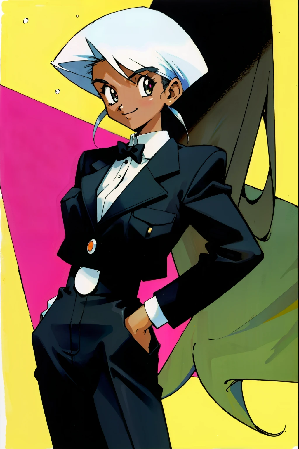 by Ken Sugimori, sugimori 1990s, ((only 1woman)), african, dark skinned, black business suit, smiling, white collared shirt ((hands behind their back)), full black pupils, manga, best quality, highly detailed, clean lines, cowboy shot, good hands, good eyes, hd, 8k, professional, symmetrical, hires, 8k,