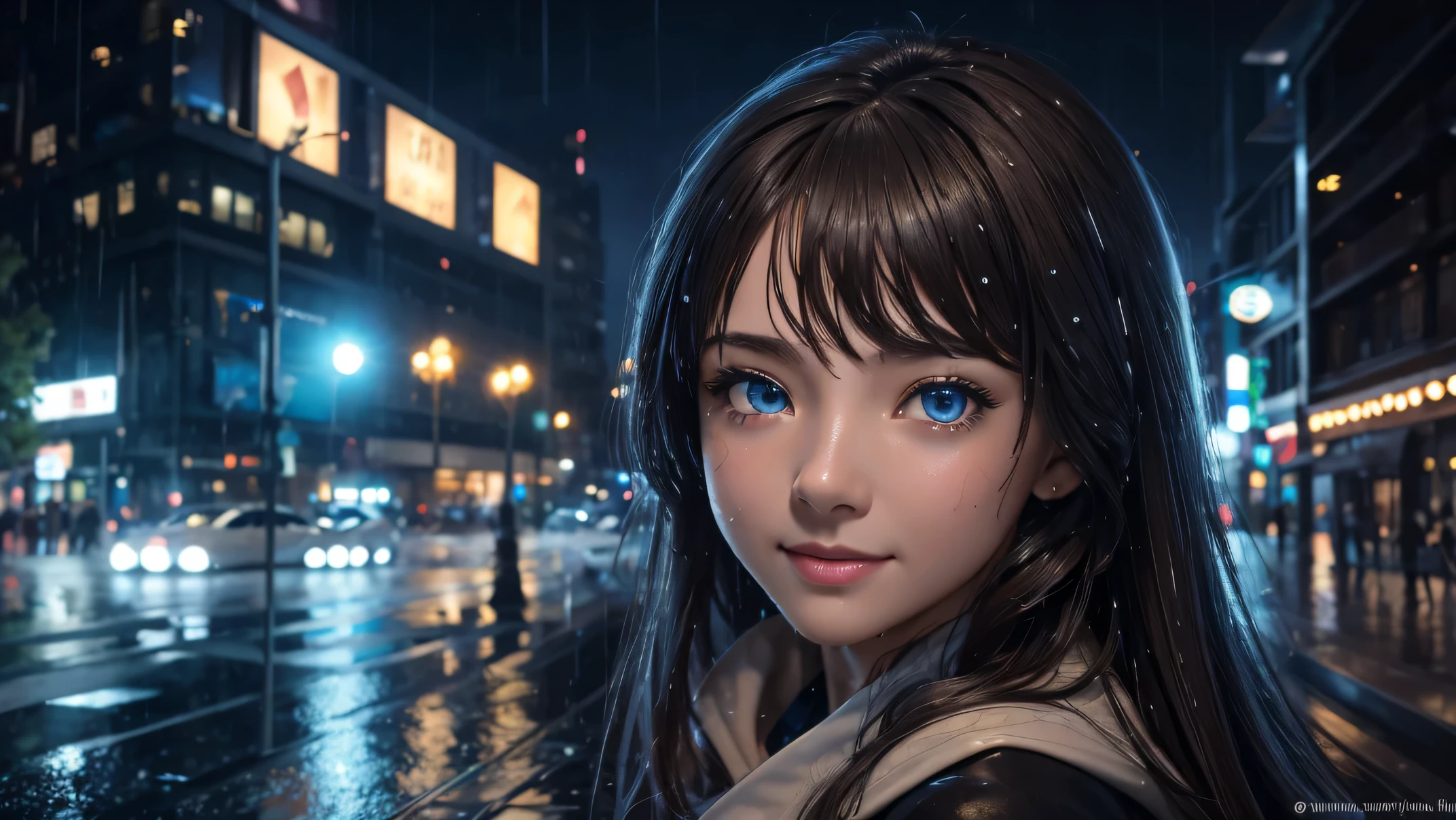 masterpiece, best quality, high quality, Extremely detailed CG unified 8k wallpaper, Top quality landscape,HD details, wet watermark, Ultra-detailed, soft light, Deep field focus bokeh, Ray tracing, diffusion (Ultra-fine glass reflection) Pictures of Sumet, masterpiece, best quality, delicate skin, 1 girl,bright face,nice nose,beautiful aqua blue eyes、Background on night city sidewalk,Beautiful starry sky、rain、The ground is wet, , fair, Super detailed faces, delicate lips, delicate eyes, double eyelids, Sexy, Smile, fair,Long brown hair、goth loli clothes,loli,Character sideways,Look back