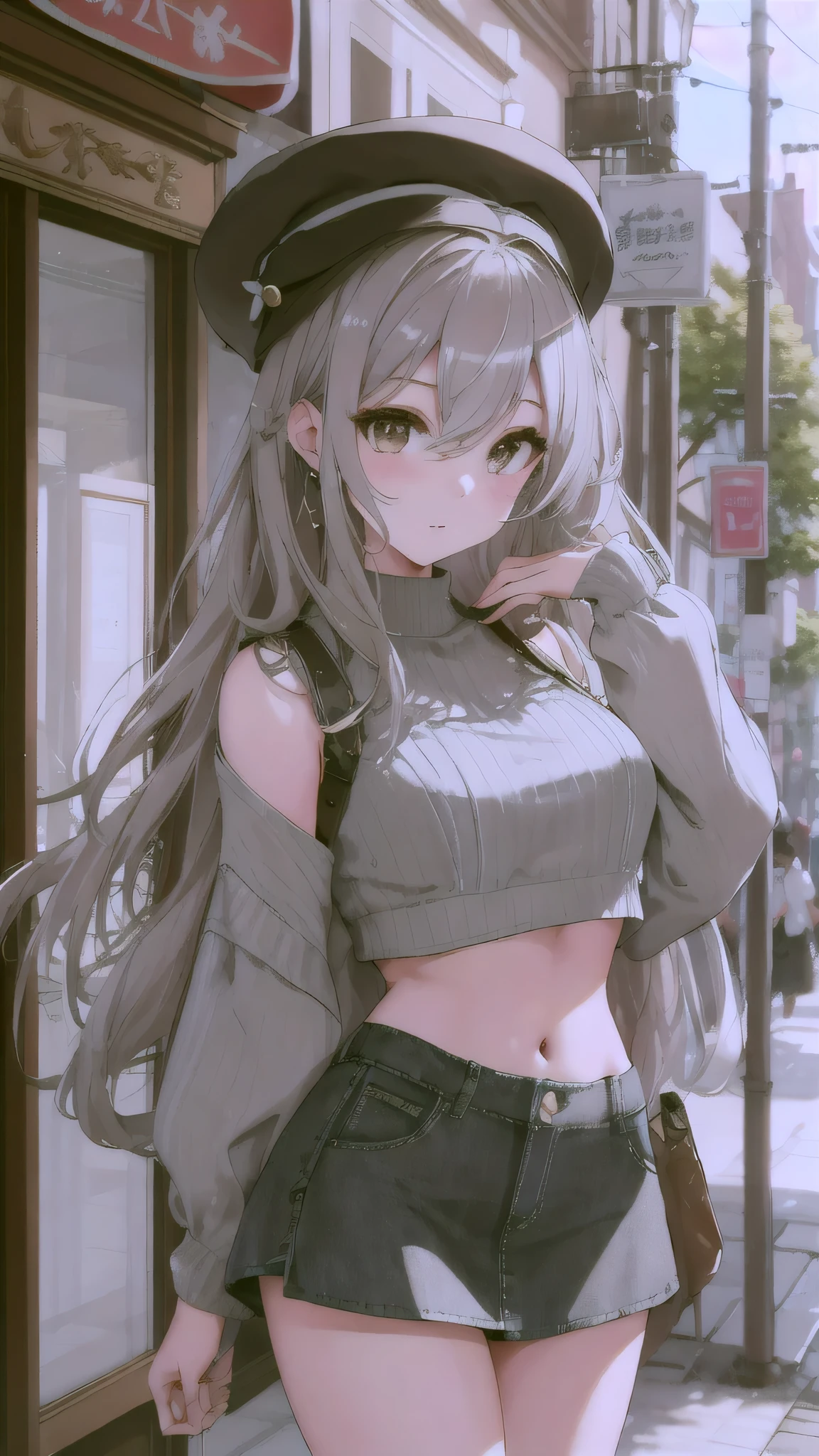 masterpiece、high quality、最high quality、Beautiful and beautiful woman、4k、perfect lighting、Sexy and very beautiful nice gorgeous face、Beautiful woman with the most beautiful face and perfect body in the world、solo、 (long gray hair), brown eyeedium breasts、((crop top))、((mini skirt))、(gray hat)、beautiful thighs、in front of the cafe、