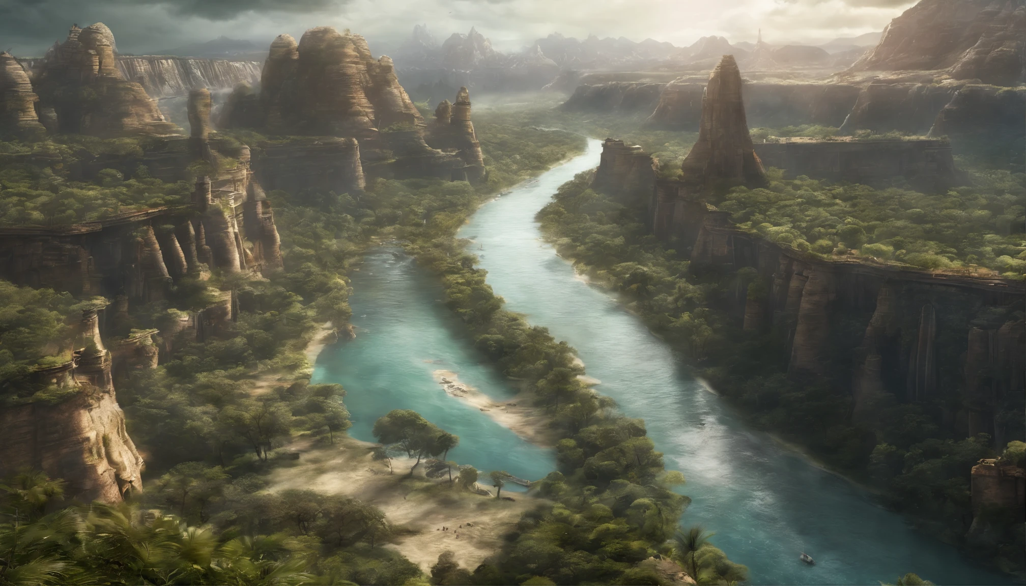 Paysage d'une planète extraterrestre avec un écosystème exotique, where a river flows.