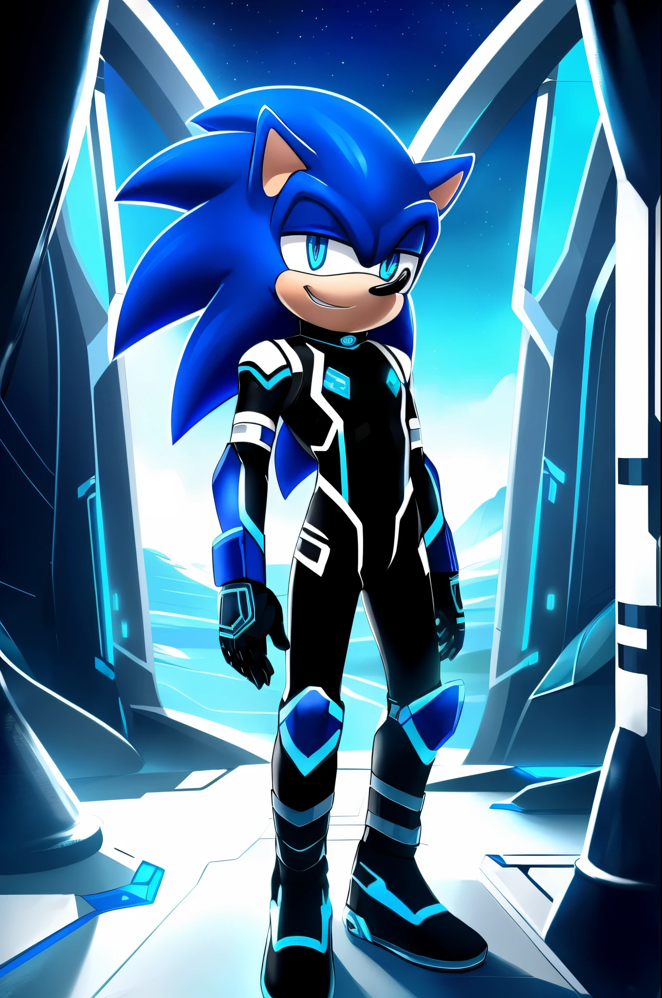 ((male)) twink, anthro android ((hedgehog)), with glowing blue eyes, white muzzle, wearing a sci-fi bodysuit stands in a futuristic landscape. The android's bodysuit is adorned with ((blue, black and white coloring))), and intricate android seams, creating a futuristic look. the android has a seductive smirk on his face