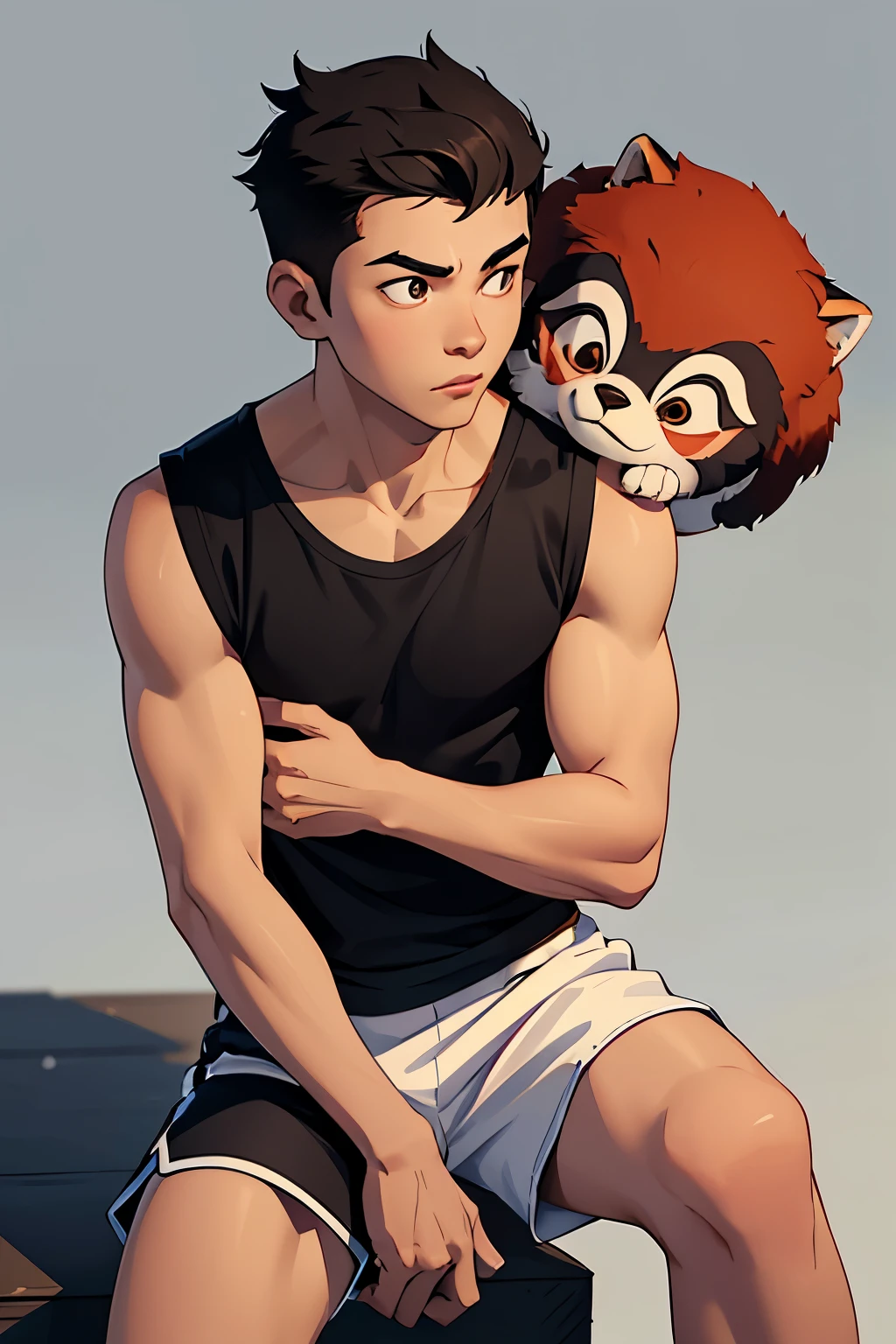 The image features a young Chinese man with short, round-faced, and short hair. He is dressed in a black sleeveless T-shirt, white shorts, and Air Jordan 11 sneakers. Across his shoulder is a slung bag. Resting on his shoulder is a red panda, facing away from the viewer and gripping onto his shoulder as if about to slip off.