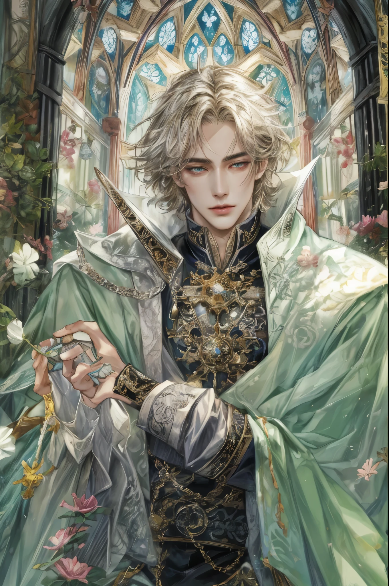 (absurdres, highres, ultra detailed, HDR), masterpiece, intricate, best quality, portrait of a handsome villain from alice in wonderland the clover queen male version, short hair, korean face, anime eyes, Ice Prince outfit detailed interiors medieval style, detailed character