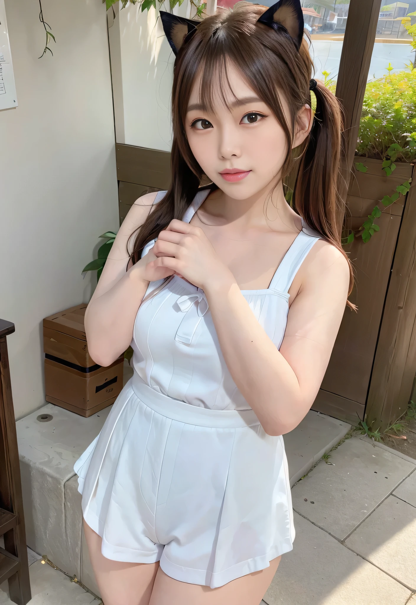 Ulchan-6500-v1.1,cowboy shot,(RAW photo, 最high quality,high quality,High resolution), (realistic, photorealistic), Super detailed, (front light), Physically based rendering, Normal proportions, ((1 girl)), (high detail skin: 1.3), tilt head, eye for detail, water, Chinese architecture, brown hair, blush, smug face, Straight Long Twin Tails, Cat ear, sailor suit