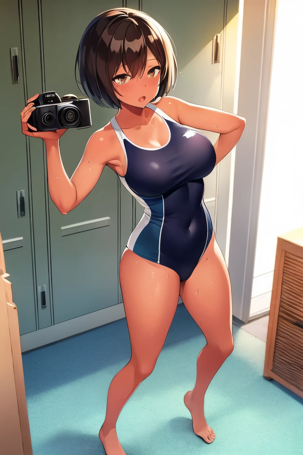 2D，highest quality，(masterpiece)，(full body)，Shameimaru text，brown hair short cut，(Brown Lady)，(healthy dark skin)，(Sunburn mark)，clavicle，（New School Swimwear），JK，Shiny bare legs，barefoot，beautiful brown eyes，attractive thighs，big breasts，locker room，locker，Light coming through the window，erotic look，large drops of sweat，hair is wet，Drops are dripping from your hair，Towel in right hand，It&#39;s stuffy，standing pose，Camera angle that clearly shows the butt