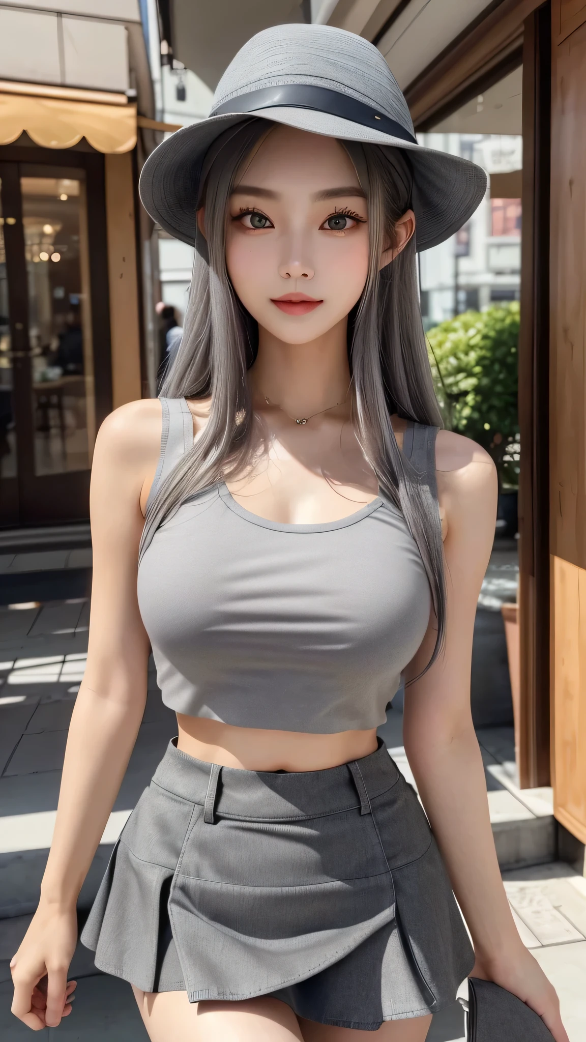 masterpiece、high quality、最high quality、Beautiful and beautiful woman、4k、perfect lighting、Sexy and very beautiful nice gorgeous face、Beautiful woman with the most beautiful face and perfect body in the world、solo、 (long gray hair), brown eyeedium breasts、((crop top))、((mini skirt))、(gray hat)、beautiful thighs、in front of the cafe、