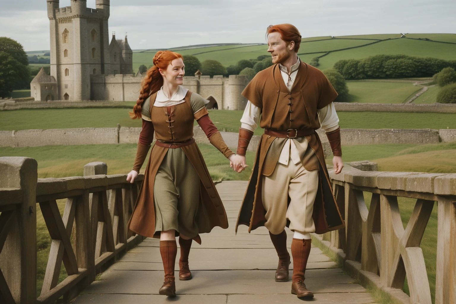 England, 1361. ((Wide shot)), ((((45-year-old)) Merthin Fitzgerald)), handsome, athletic, crossing a bridge, with his wife, ((Caris Wooler)), holding hands, happy. ((((clothings from the 1360s)))), ((redhead hairstyle of the 1360s))