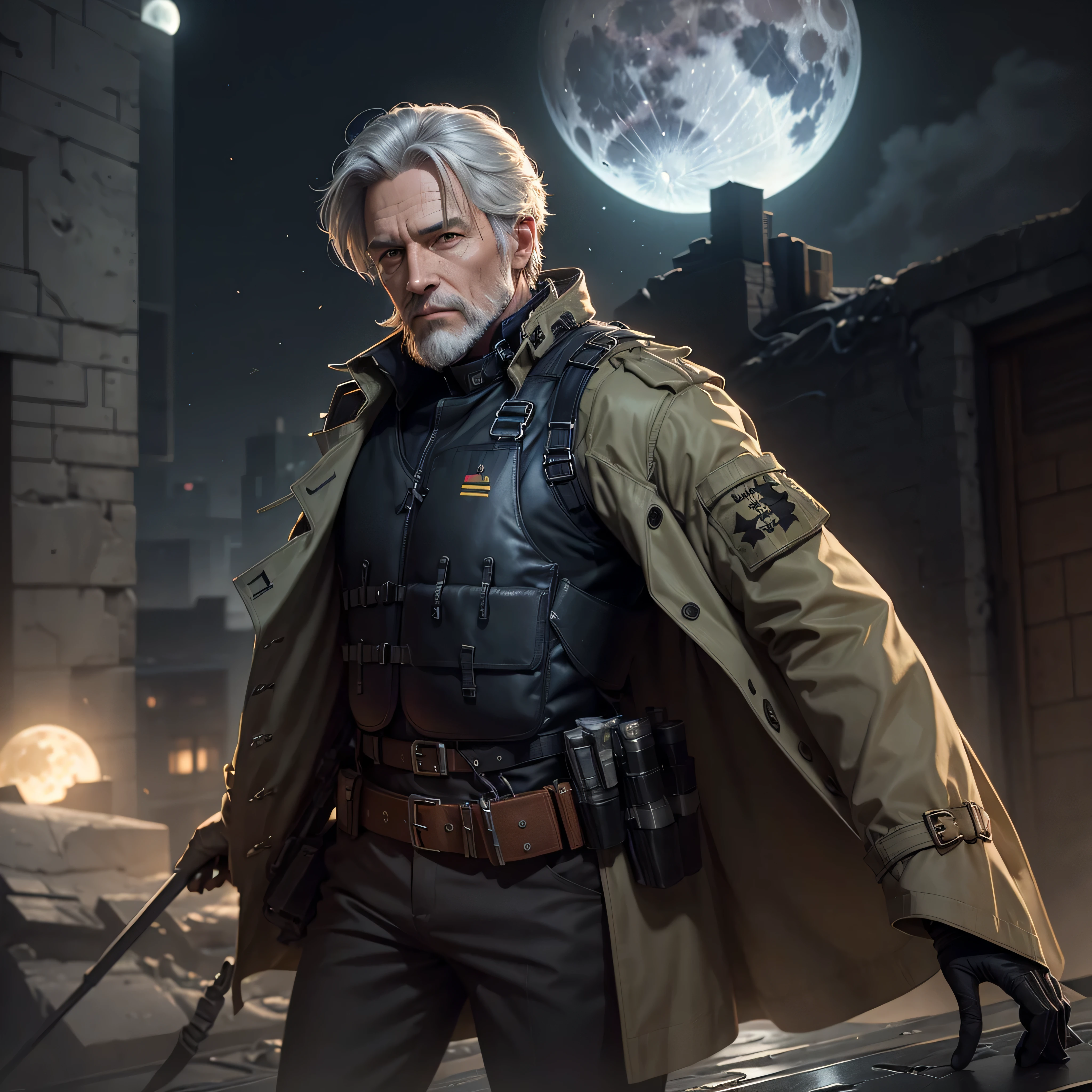 55yr. old white male, (((black combat trench coat))), (((bulletproof Vest))), gloves, brown pants, gray hair, gray beard, on rooftop, large moon in the background, photo-realistic, octane render, unreal engine, ultra-realistic