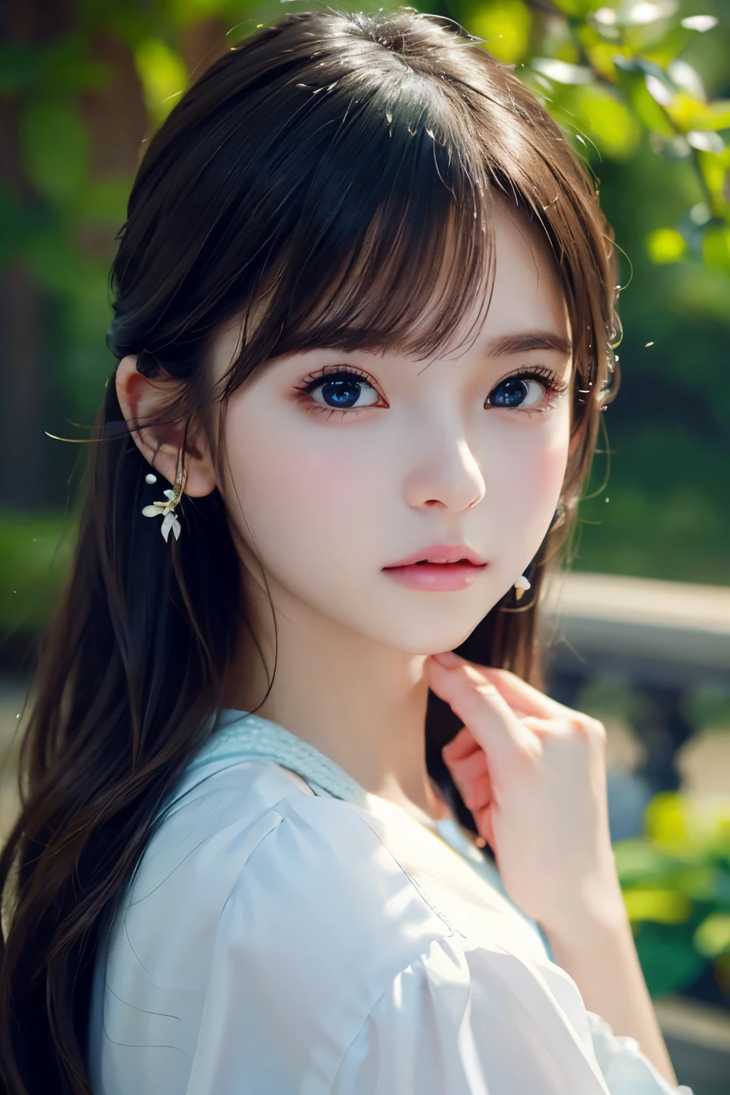 beautiful garden、Image from the chest up:1.6)、Close-up portrait of a girl wearing earrings, soft portrait shot 8k, nice delicate face, High quality 4K portraits, high quality portrait, Soft and perfect white skin, 8K highly detailed face, beautiful and delicate face, beautiful light big eyes, beautiful and realistic face, beautiful girl, beautiful and realistic face, pretty girl