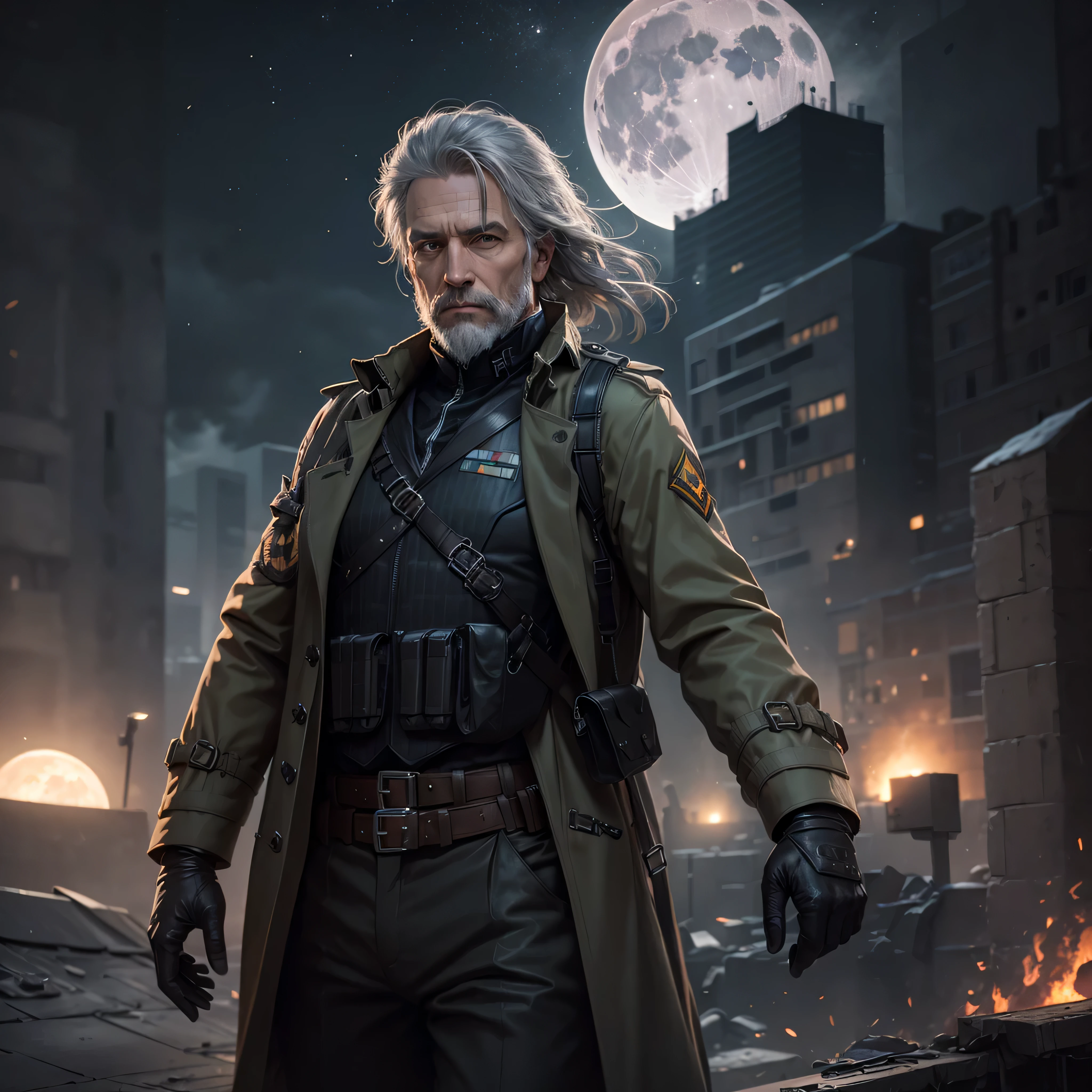 55yr. old white male, (((black combat trench coat))), (((bulletproof Vest))), gloves, brown pants, gray hair, gray beard, on rooftop, large moon in the background, photo-realistic, octane render, unreal engine, ultra-realistic