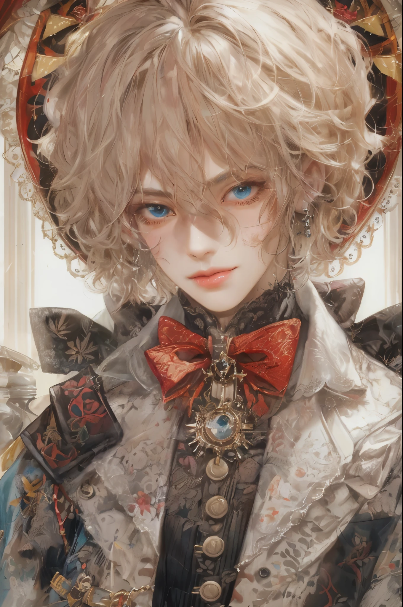 (absurdres, highres, ultra detailed, HDR), masterpiece, intricate, best quality, portrait of a handsome villain from alice in wonderland, the queen of hearts male version , short hair, korean face, anime eyes, Victorian prince outfit detailed interiors victorian style, detailed character, art kenouji