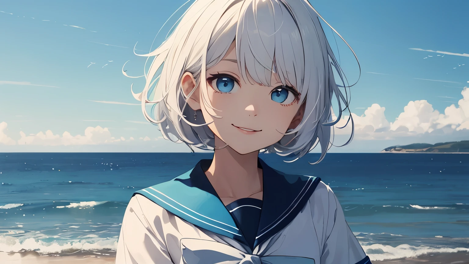 (highest quality:1.5)、(super detailed:1.5)、(highest qualityの写真:1.5)、Don't、character、girl、delicate、pure white hair、bob hair、white skin、Beautiful blue eyes、sailor suit、short sleeve、navy blue collar、starry collar、very cute、beautiful sea、horizon、summer sky、evening sky、Ocean、alone、Staring at the horizon、radiant smile、It&#39;s just sunny for you