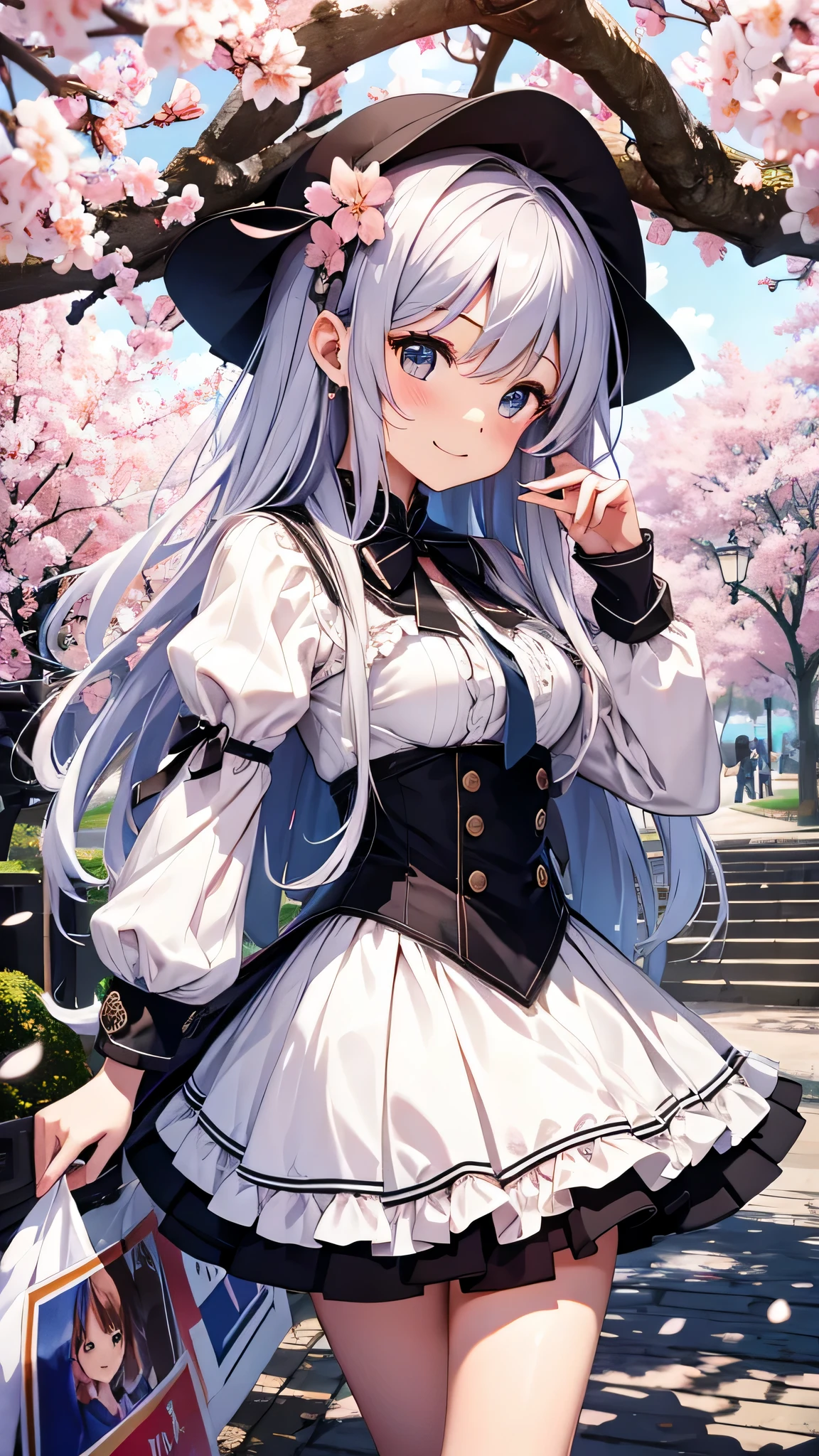 最high quality、best image quality、masterpiece、girl((18-year-old、 By becoming、vest bust、medium bust,wide open breast tea、shining eyes, silver hair、long hair、thin,highest valley、white sailor suit、White short skirt、Wristband、smile、dance、song)),high quality、beautiful art、background((SakuraFubuki、Falling cherry blossoms、Cherry tree、beautiful park、square、Cherry Meadow、Wind))、Flight、debris flies、Depth of written boundary、movie、visual art、perfect art、8K,genuine、