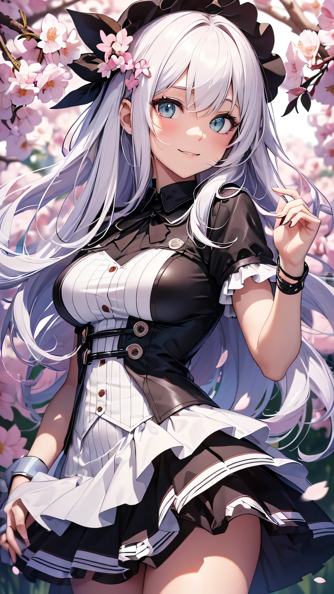 最high quality、best image quality、masterpiece、girl((18-year-old、 By becoming、vest bust、medium bust,wide open breast tea、shining eyes, silver hair、long hair、thin,highest valley、white sailor suit、White short skirt、Wristband、smile、dance、song)),high quality、beautiful art、background((SakuraFubuki、Falling cherry blossoms、Cherry tree、beautiful park、square、Cherry Meadow、Wind))、Flight、debris flies、Depth of written boundary、movie、visual art、perfect art、8K,genuine、