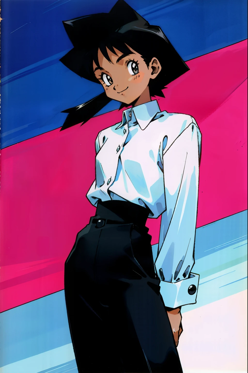 by Ken Sugimori, sugimori 1990s, ((only 1woman)), african, dark skinned, black business suit, smiling, white collared shirt ((hands behind their back)), full black pupils, manga, best quality, highly detailed, clean lines, cowboy shot, good hands, good eyes, hd, 8k, professional, symmetrical, hires, 8k,