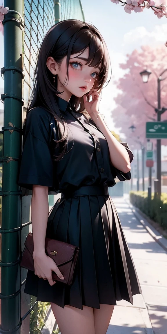 1girl, black skirt, branch, building, chain-link fence, cherry blossoms, fence, long hair, outdoors, petals, pleated skirt, rain, shirt, short sleeves, skirt, solo, standing, tree, sky,street