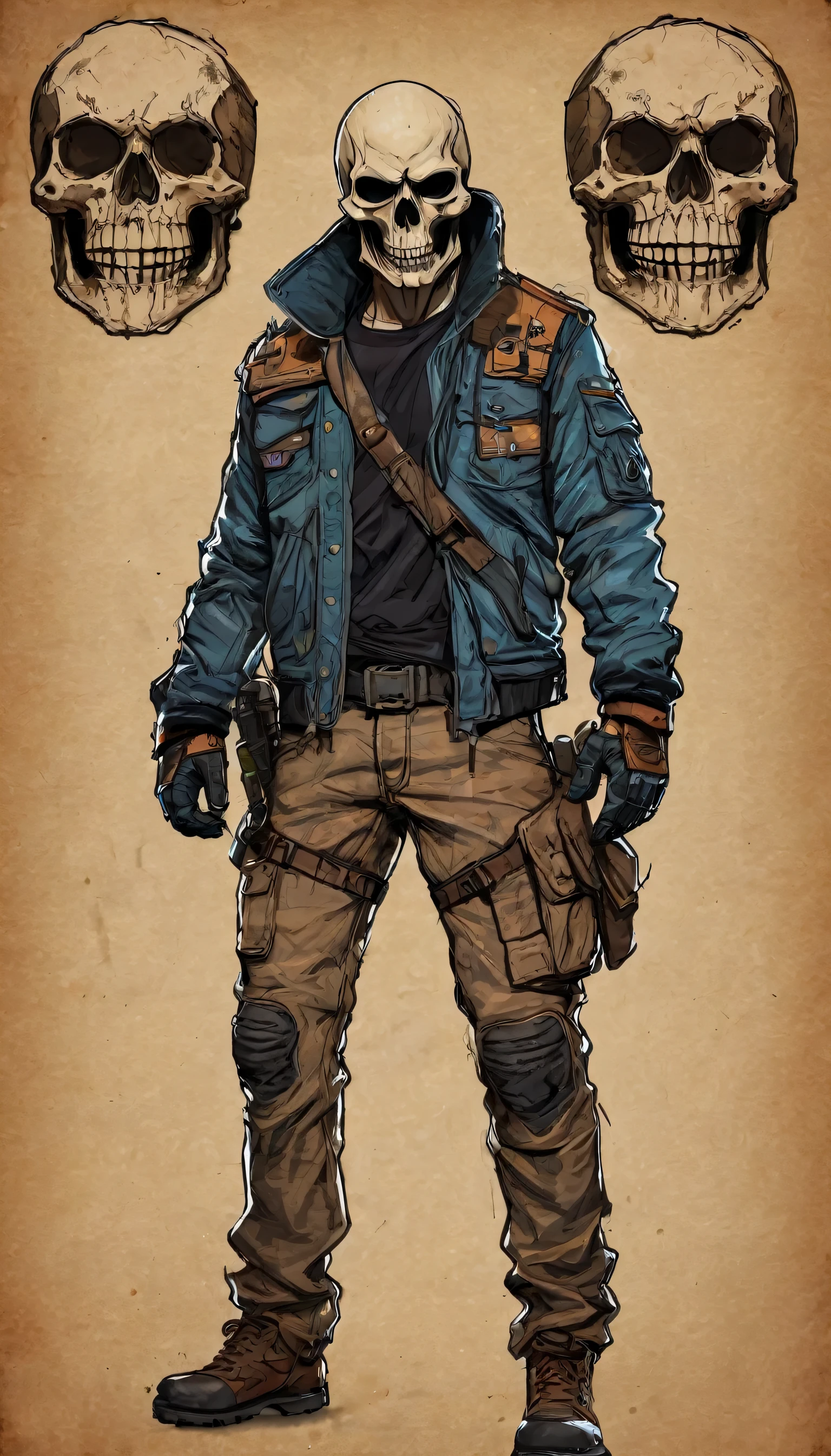 :: ((masterpiece)) :: wide:80mm :: (((best quality))),(character design sheet, same character, front, side, back) :: profile portrait, cinematic picture, simple background :: Man :: (burning skull instead of head), menacing grin, evil eyes :: wasteland raider :: seemingly laconic :: preparing pose, pose composition :: dressed in old jacket and cargo jeans :: hand drawn, dark, gritty, realistic sketch, Rough sketch, mix of bold dark lines and loose lines, bold lines, on paper, turnaround character sheet:: Background in the form of shimmering cold colors :: (outline style:1.1), (Reflected light:1.2), (cell-shading:1.2), use of large lines, intricate, (disturbing:1.1) :: (perfect preservation and transfer of the composition of the painting), (hyper high resolution pixel photos) ::