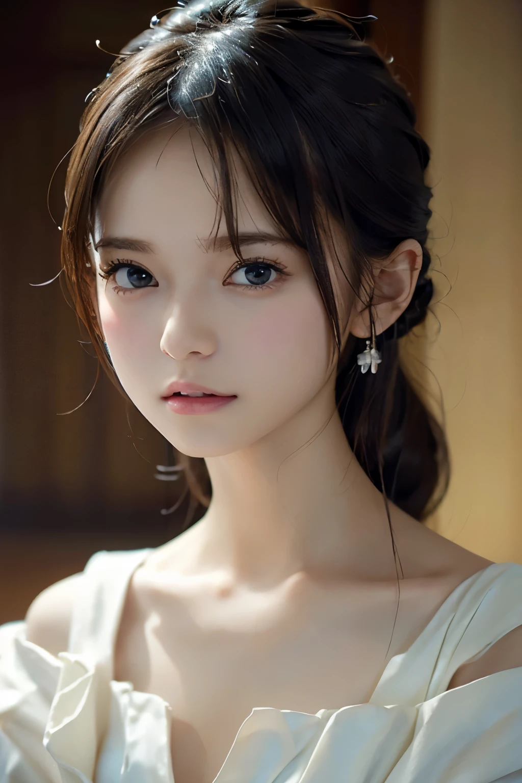 Image from the chest up:1.6)、Close-up portrait of a woman wearing white off-shoulder top dress and earrings, soft portrait shot 8k, nice delicate face, High quality 4K portraits, high quality portrait, soft and perfect pale skin, 8K highly detailed face, なbeautiful繊細な顔, beautiful光の大きな目, beautiful and realistic face, beautiful14old woman, beautiful and realistic face, cute14old woman