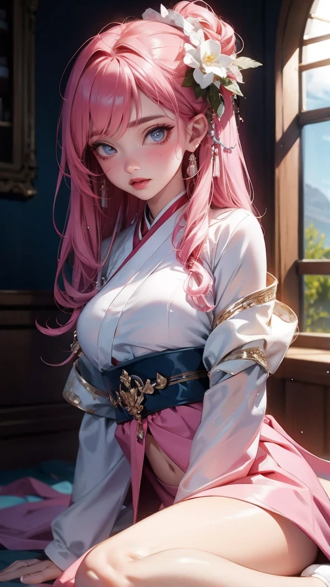 masterpiece, accurate, anatomically correct, super detail, high details, high quality, best quality, highres, 4K, 1 adult woman aged 25, elven woman, elf, pale and milky skin, long sakura pink hair with blunt bangs, (heterochromia, golden left eye and red right eye), (bright Eyes), long and pointed ears, (She wears a traditional Japanese kimono, made of silk with golden dragon designs, richly detailed), wears a leather choker with a pink ruby pendant, she has a serene and seductive face, she has a perfect body and is extremely beautiful, She is in a frontal posture, facing the viewer, She is in a room of an English medieval castle, Character Design, RPG, RPG Character Illustration, character concept art