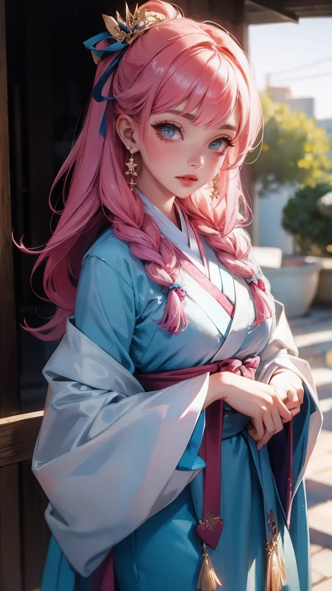(finely detailed beautiful eyes and detailed face,masterpiece sidelighting,masterpiece,best quality,detailed,High resolution illustration),, (1 girl,whole body,beautiful girl,shiny skin,look down,looking at the audience),, (pink hair,blue eyes,ribbon,Hanbok, korean clothes), (clothed_Lower chest:1.2),Lower chest,
