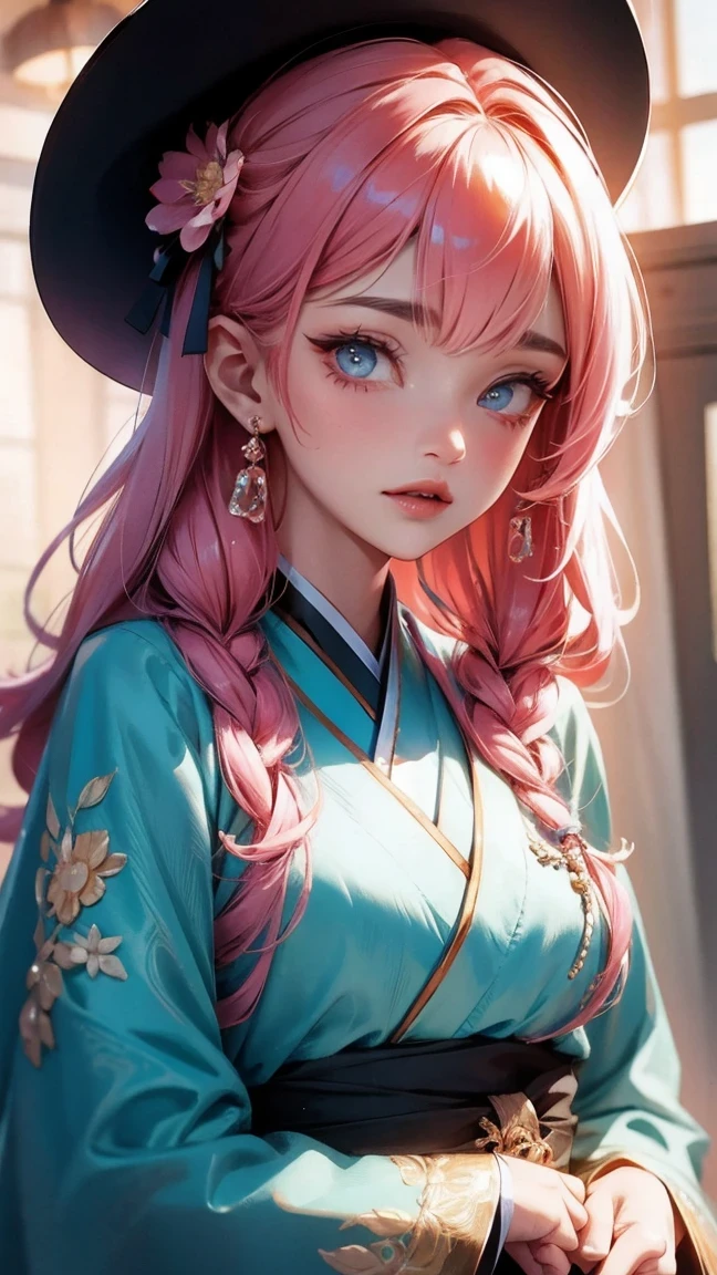 (finely detailed beautiful eyes and detailed face,masterpiece sidelighting,masterpiece,best quality,detailed,High resolution illustration),, (1 girl,whole body,beautiful girl,shiny skin,look down,looking at the audience),, (pink hair,blue eyes,ribbon,Hanbok, korean clothes), (clothed_Lower chest:1.2),Lower chest,