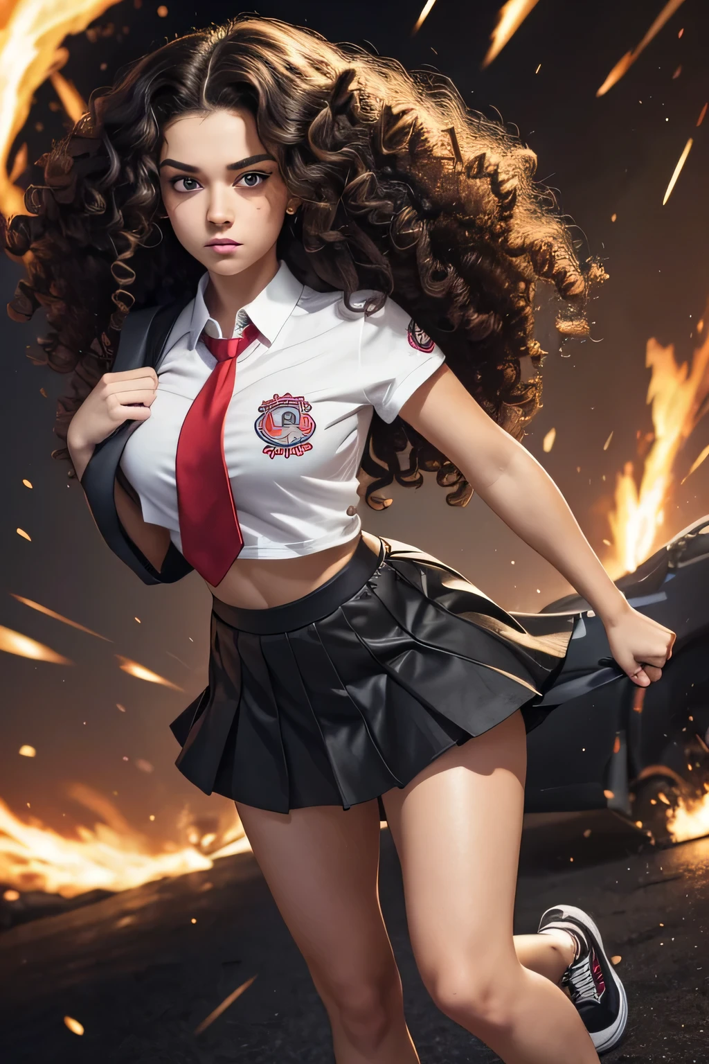 A conceited collegiate girl with a huge chest and curly hair with two tails, her eyes are yellow and her face is angry with rejection in a bad honest mood and she is wearing a gray school shirt and a red tie and underneath is a shiny black skirt and she is wearing a pair of sneakers and carrying a power tornado galactic in your hand power
