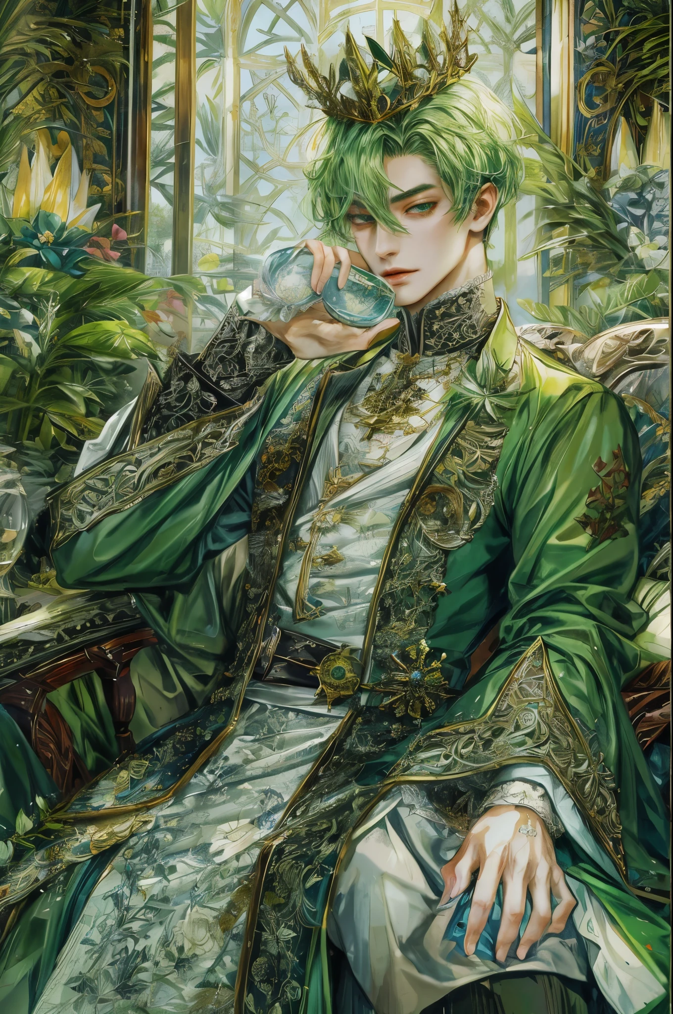 (absurdres, highres, ultra detailed, HDR), masterpiece, intricate, best quality, portrait of a handsome villain from alice in wonderland the clover queen male version, short hair, korean face, anime eyes, green gothic Prince outfit detailed interiors medieval style, detailed character