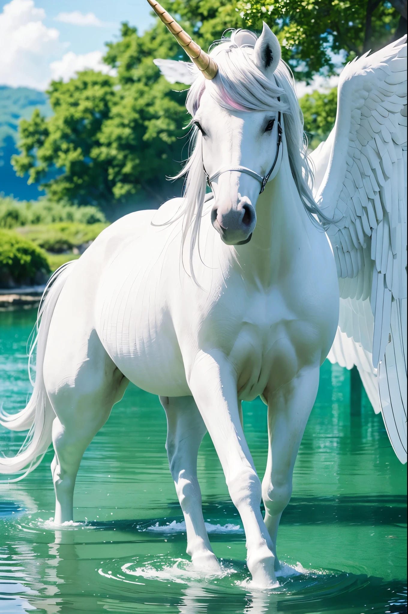 (Unicorn with beautiful pure white wings、high resolution)Mysterious and、midnig、Deeply moving、Emerald Green Lake