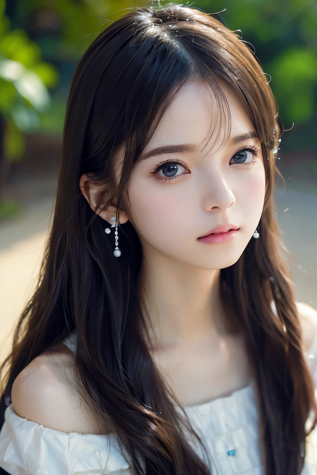 Image from the chest up:1.6)、Close-up portrait of a woman wearing white off-shoulder top dress and earrings, soft portrait shot 8k, nice delicate face, High quality 4K portraits, high quality portrait, soft and perfect pale skin, 8K highly detailed face, なbeautiful繊細な顔, beautiful光の大きな目, beautiful and realistic face, beautiful14old woman, beautiful and realistic face, cute14old woman