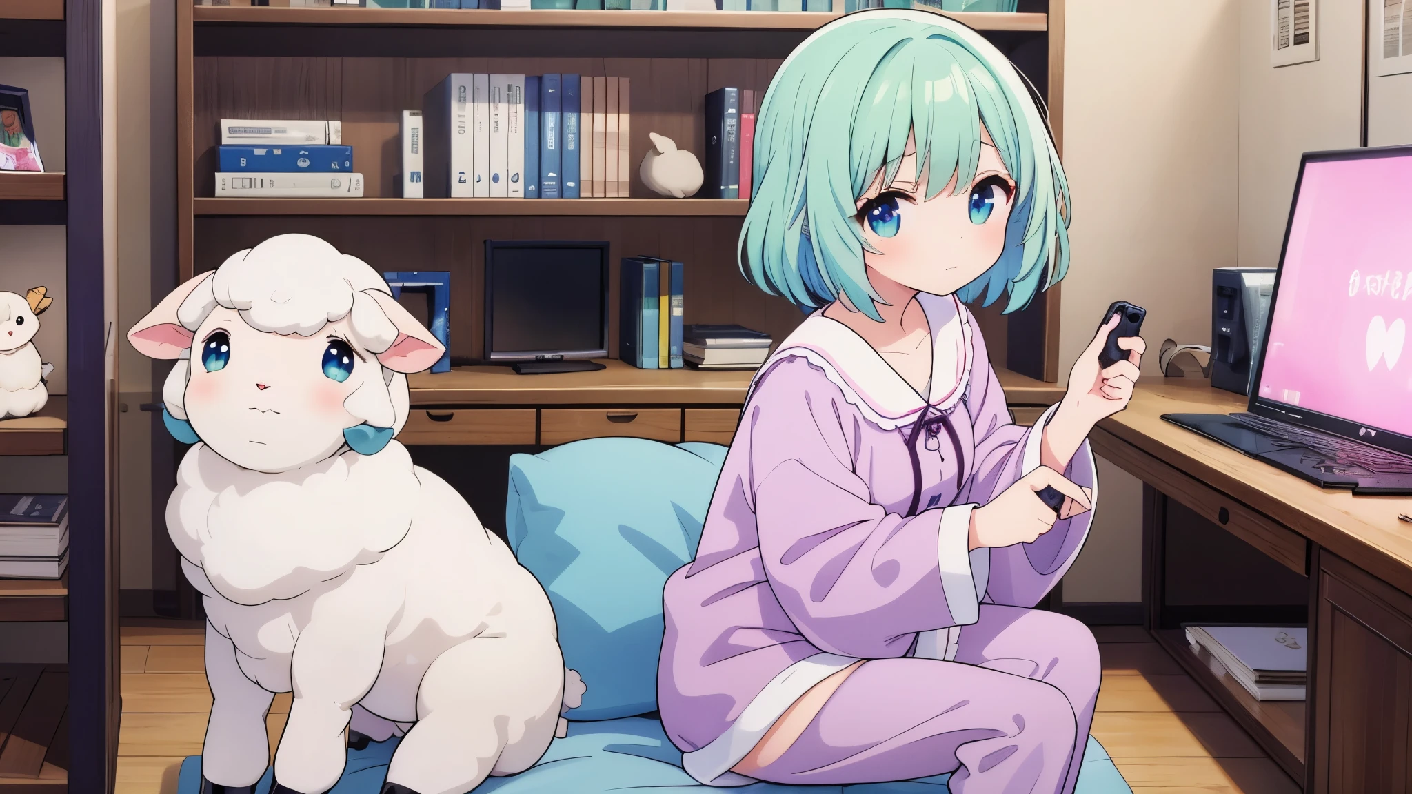 Sheep vtuber,shortcut,light blue hair、inner purple mesh、pajamas、Sheep world、merinoora, Merino, pajama, green hair, playing game, streamer, holding sheep, two legs, using gaming pc, short hair, Japan house, 1girl, 8k, masterpiece, looking at viewer