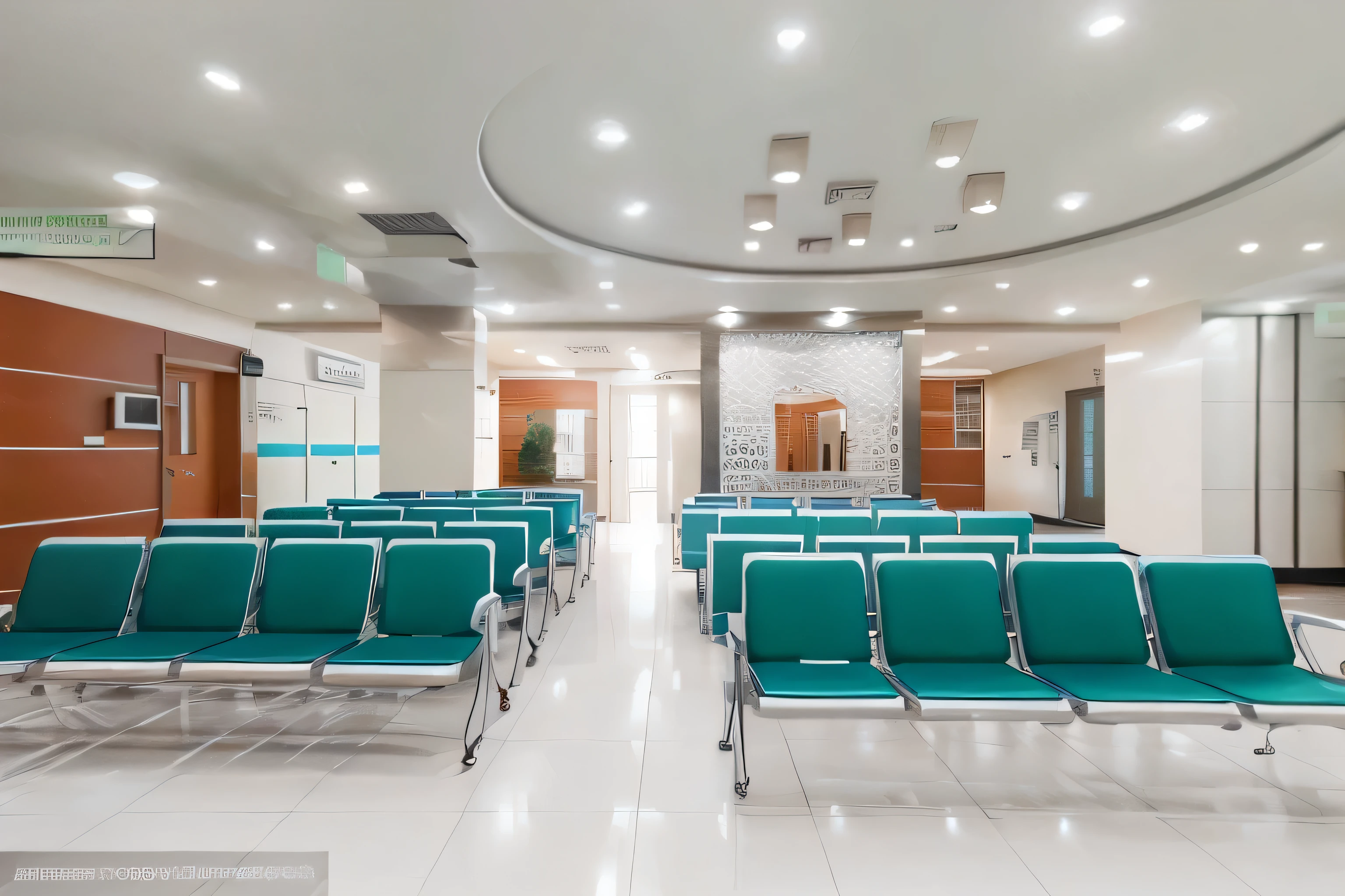 There are rows of seats in the hospital waiting area, interior architectural landscape, best rendering, interior design details, interior design architecture, concept , interior background art, visual development, concept drawing, anamorphic illustration, modern style, High quality color sketch, concept art highly detailed, Beautiful artist rendering, 8K,cool white interior effect，Modern light and shadow，Modern hospital corridor，Very high quality of light and shadow，Ultra high rendering，Interior renderings，Render with enscape，3D rendering，sharp edge, tiffany blue, Gray-orange, white and gold, kitchen, balcony,  Lighting effects. Super clear and detailed, 3 days, octane returns. 8K