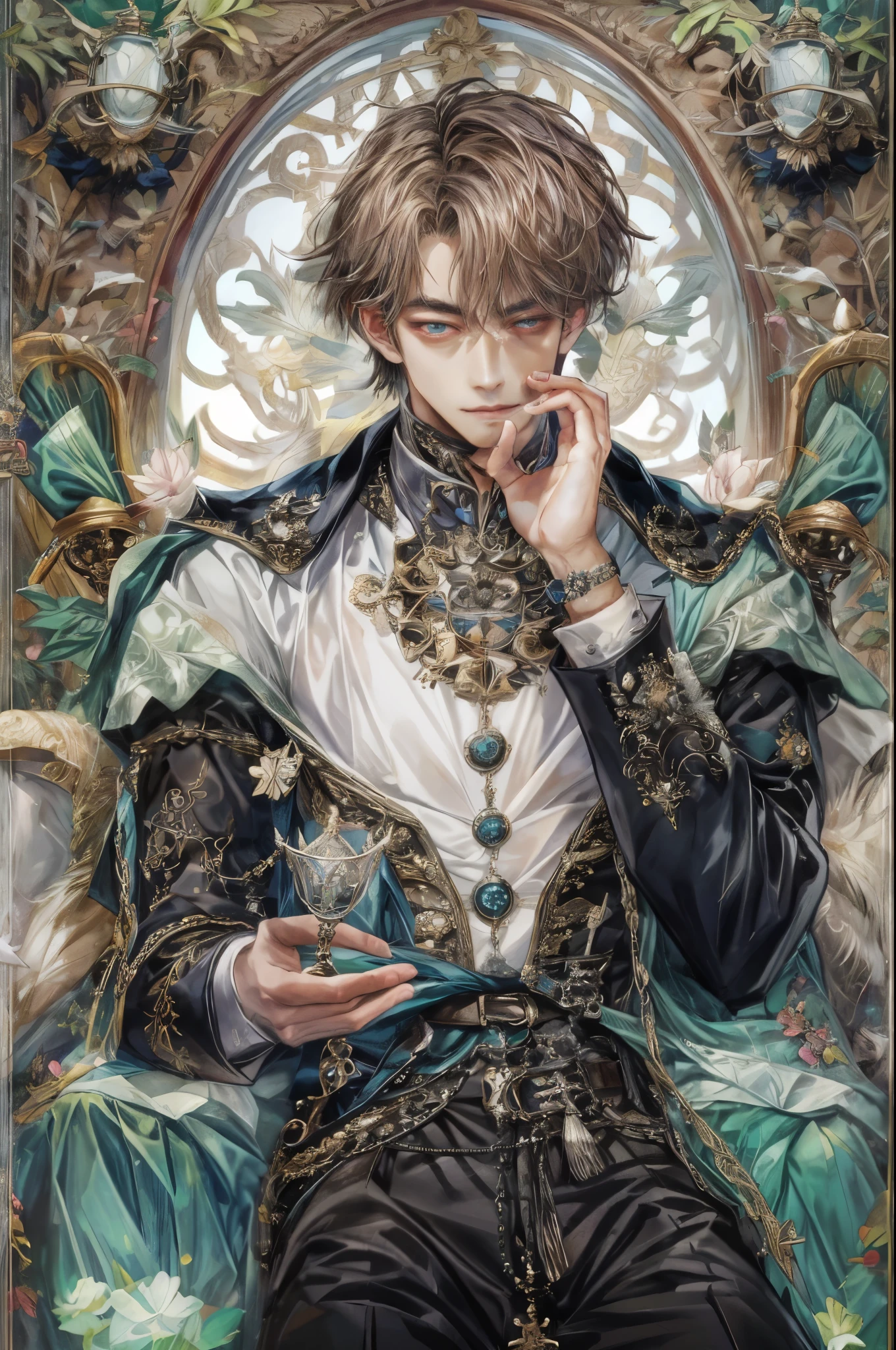 (absurdres, highres, ultra detailed, HDR), masterpiece, intricate, best quality, portrait of a handsome villain from alice in wonderland the clover queen male version, short hair, korean face, anime eyes, gothic Prince outfit detailed interiors medieval style, detailed character