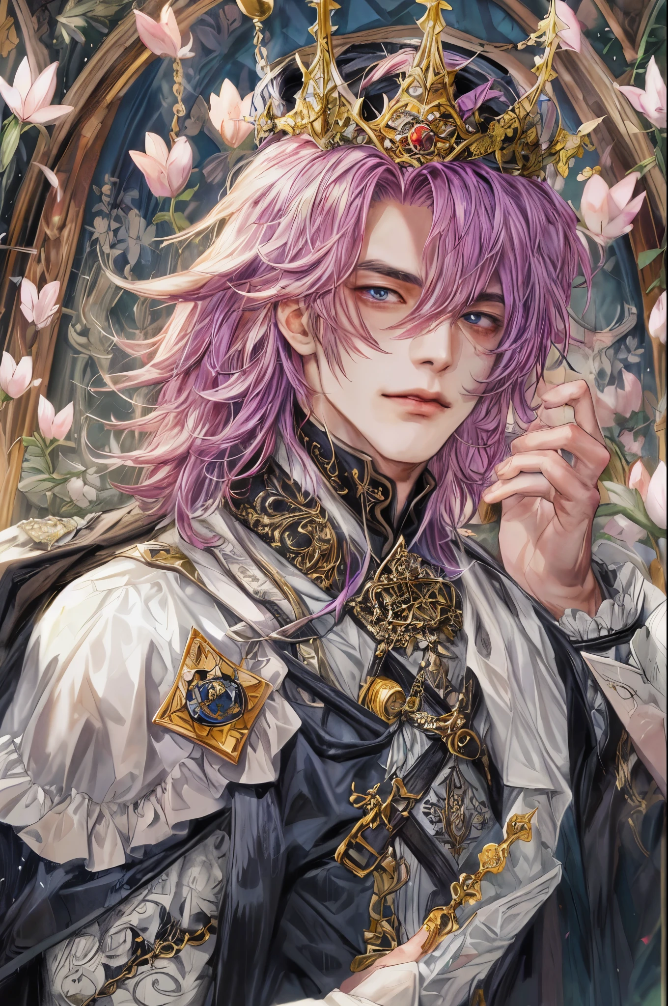 (absurdres, highres, ultra detailed, HDR), masterpiece, intricate, best quality, portrait of a handsome villain from alice in wonderland the clover queen male version, short hair, korean face, anime eyes, gothic Prince outfit detailed interiors medieval style, detailed character