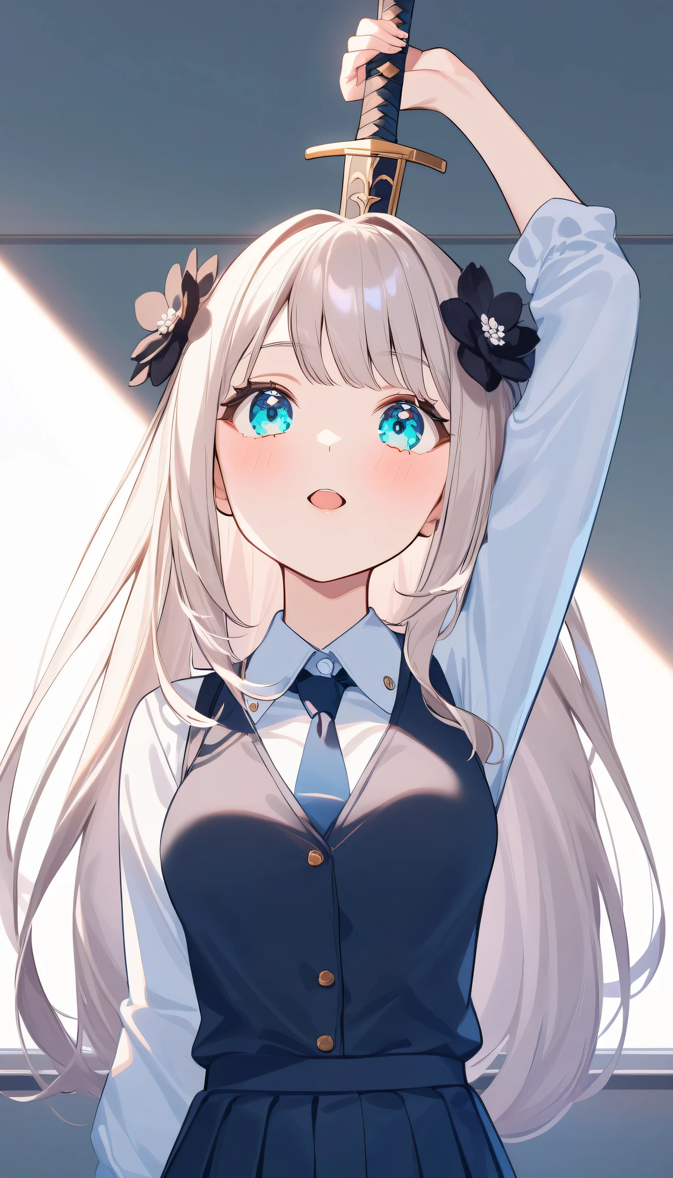 Masterpiece, saturate, full HD, best quality, 1girl, ( young girl, cute girl), slim body.medium breast, white  light hair.detailed beautiful eyes. Glowing eye. Bright aqua eyes, long hair, bangs, black flower hair ornament, white , holding sword. White flower hair ornament. girl's head facing upwards, in school, schooling 
 