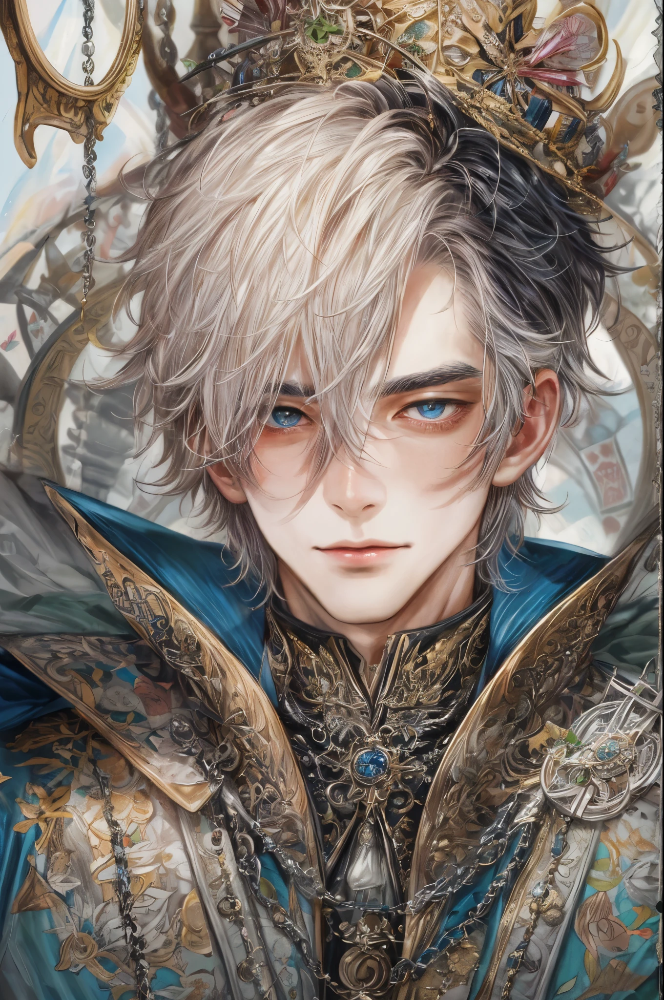 (absurdres, highres, ultra detailed, HDR), masterpiece, intricate, best quality, portrait of a handsome villain from alice in wonderland the clover queen male version, short hair, korean face, anime eyes, gothic Prince outfit detailed interiors medieval style, detailed character