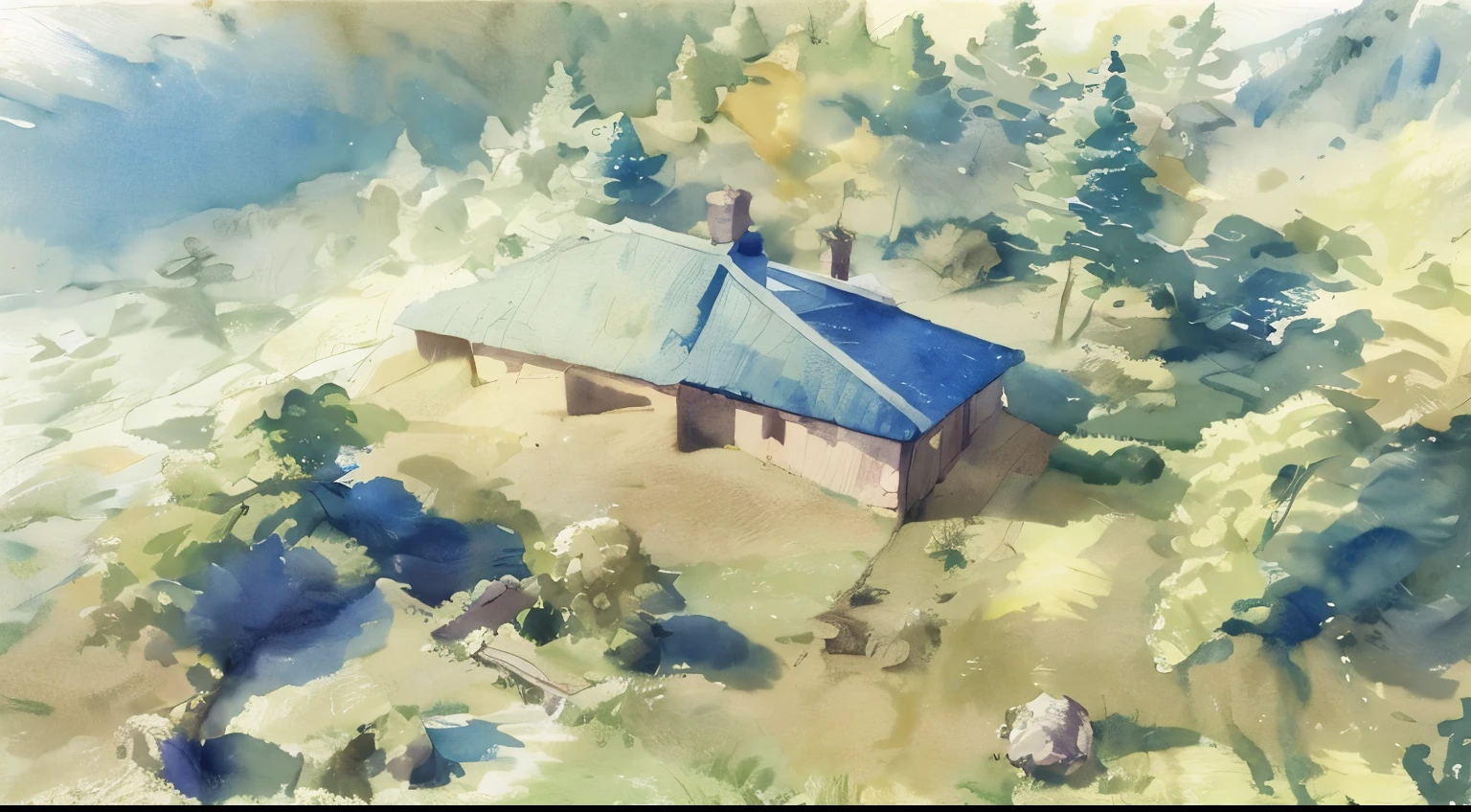 In watercolors, Detailed images, House with tile roof, stone wall, wooden pillars, Natural landscape of mountains and forests