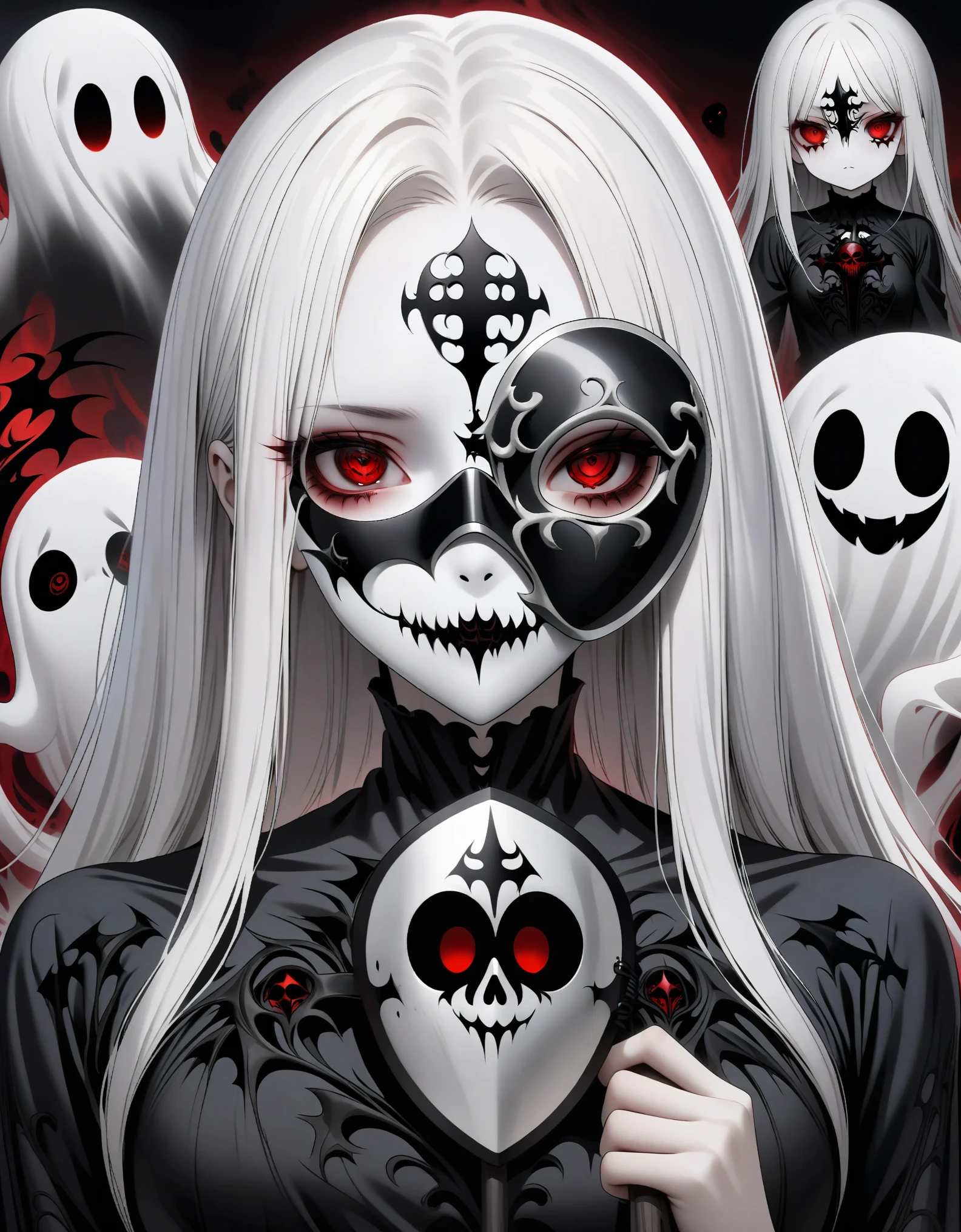 Dark art,Two dimensions,cartoon,(Hand holding metal mask:1.5),(White-haired ghost,straight hair,Red eyes),(gothic art),(Fear:1.5),(correct human anatomy:1.37)