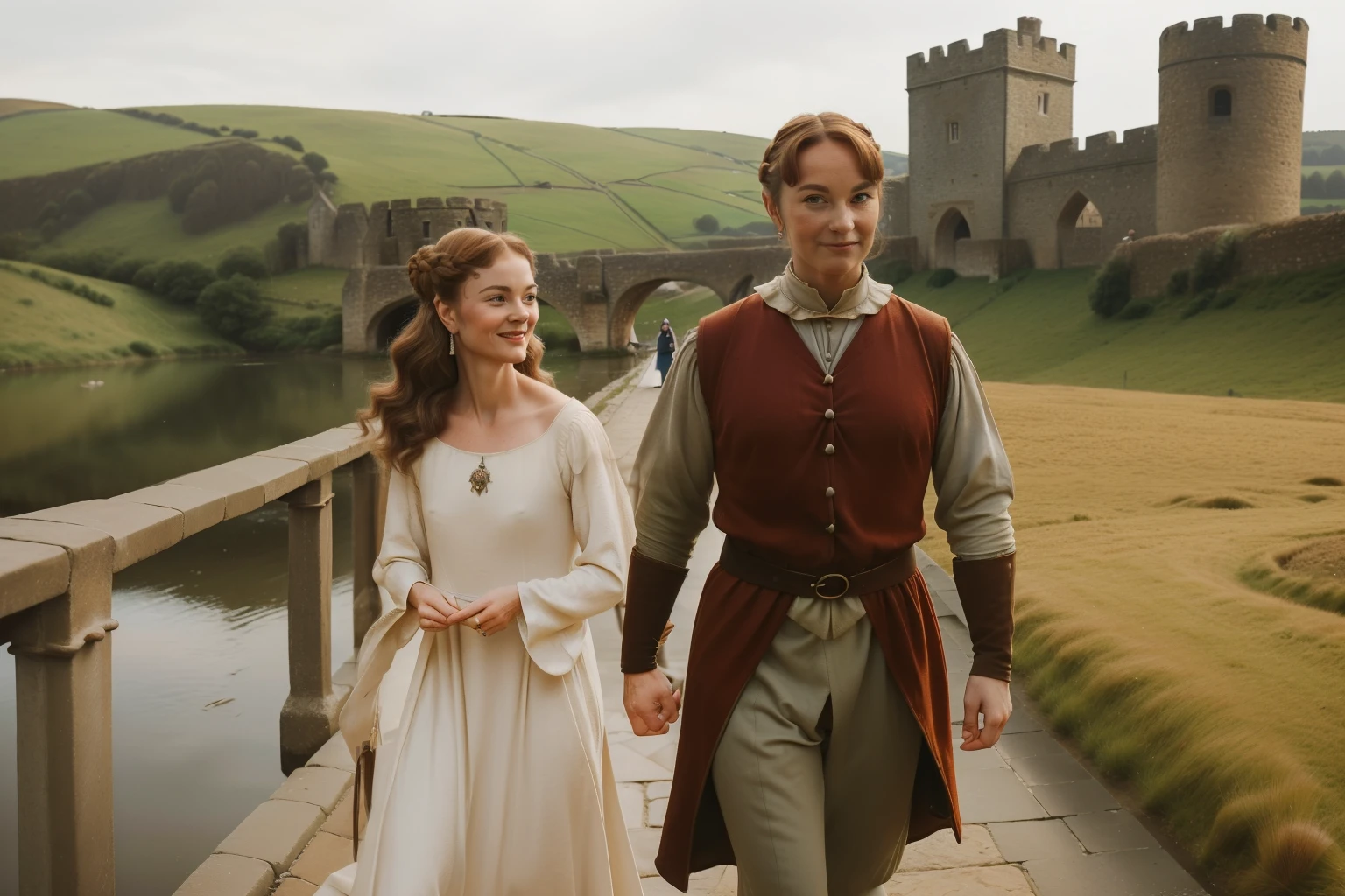 ((((44-year-old)) Caris Wooler)), attractive, expressive eyes, happy. (((clothings from the 1360s, gown)))), ((light chestnut hairstyle of the 1340s))