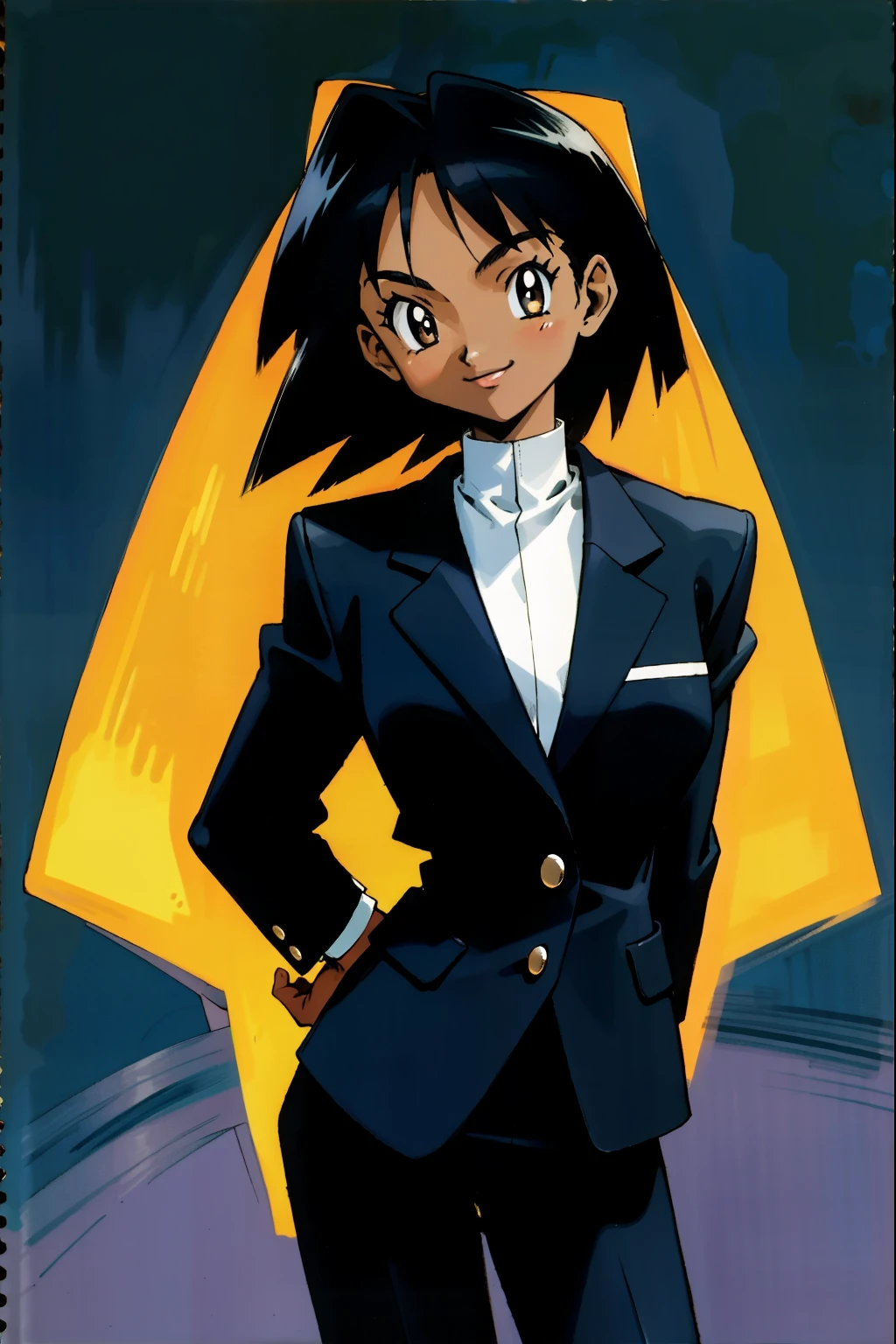 by Ken Sugimori, sugimori 1990s, ((only 1woman)), african, dark skinned, black business suit, smiling, white collared shirt ((hands behind their back)), full black pupils, manga, best quality, highly detailed, clean lines, cowboy shot, good hands, good eyes, hd, 8k, professional, symmetrical, hires, 8k,