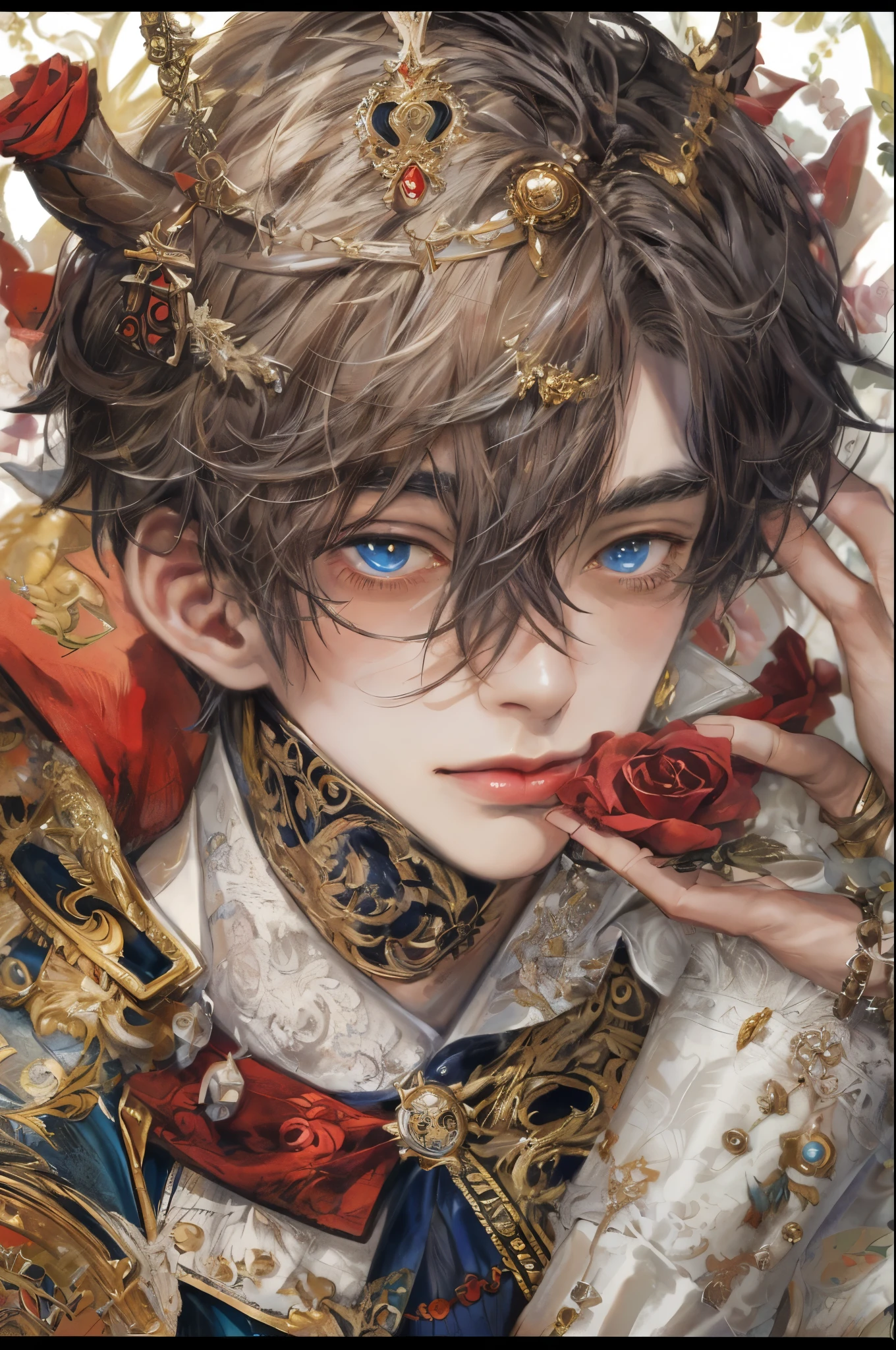 (absurdres, highres, ultra detailed, HDR), masterpiece, intricate, best quality, portrait of a handsome villain from alice in wonderland, the queen of hearts male version , short hair, korean face, anime eyes, Victorian prince outfit detailed interiors victorian style, detailed character, art kenouji