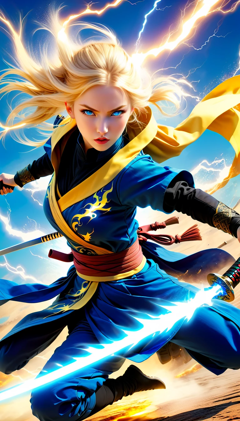 female ninja、fighting with a Japanese sword、blue eyes、blonde、beautiful woman、、Hakama is flashy、A yellow lightning-like slash、blue sky