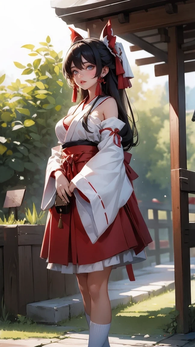 An exquisitely detailed CG artwork depicting Hakurei Reimu, a solitary shrine maiden, in the highest quality. Featuring a delicate white ribbon and socks, large breasts, and wide hips, this masterpiece illustration showcases the beauty of solo female characters.