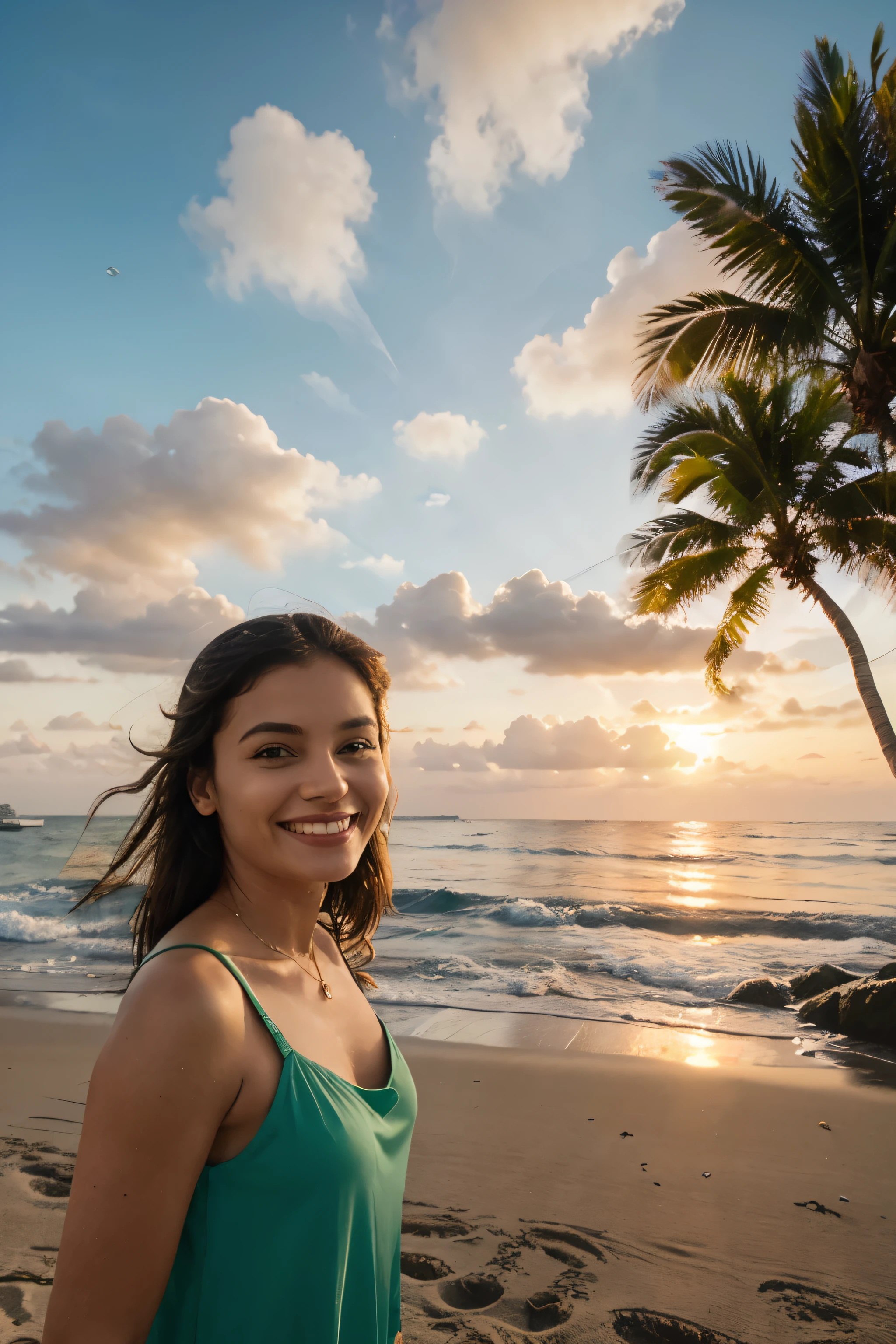 Smiling on the seashore, green palm trees behind, calm sea, sunset