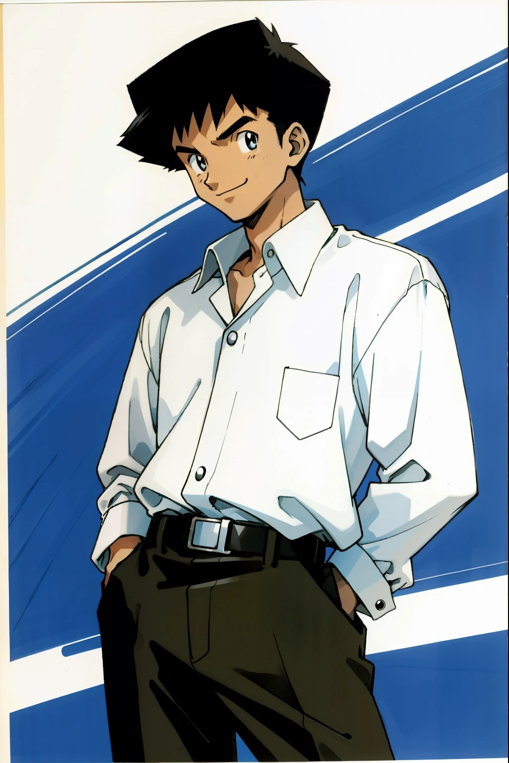 by Ken Sugimori, sugimori 1990s, ((only 1man)), african, dark skinned, black business suit, smiling, white collared shirt ((hands behind their back)), full black pupils, manga, best quality, highly detailed, clean lines, cowboy shot, good hands, good eyes, hd, 8k, professional, symmetrical, hires, 8k,